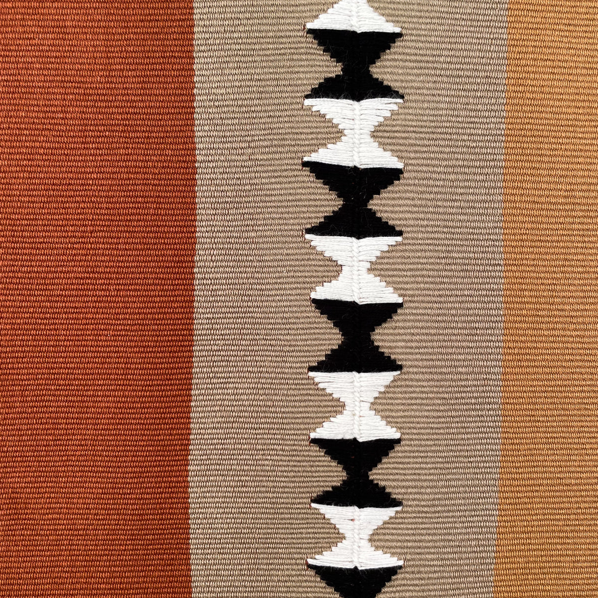 Closeup swatch of cushion panels in color blocks of different shades of brown, with black and white randa detail on center panel
