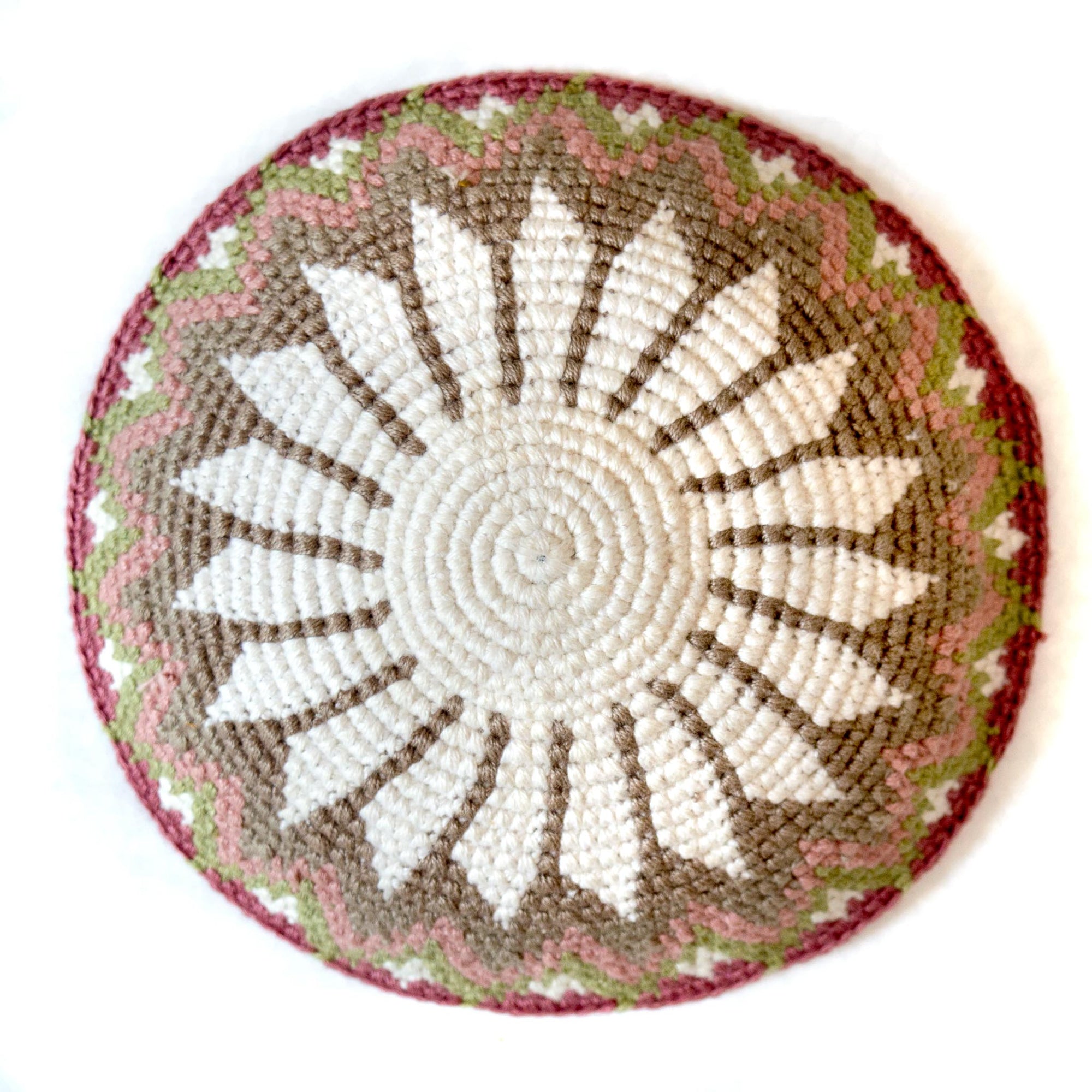 handmade fair trade kippah in soft pink and white tones