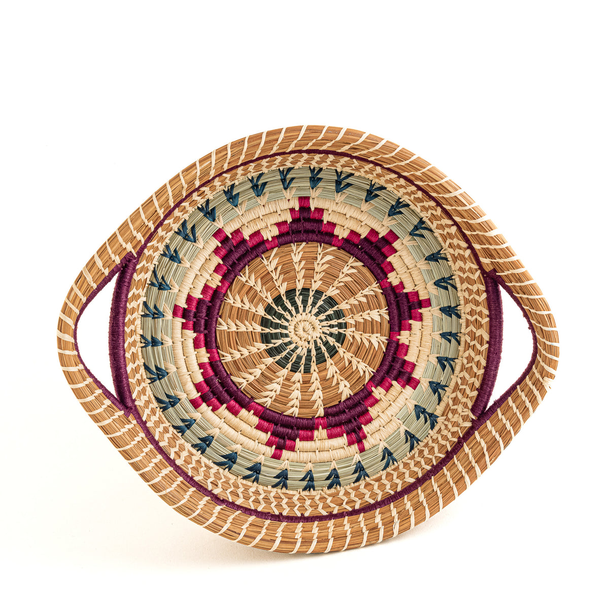 Guatemalan pine needle basket with handles in purple