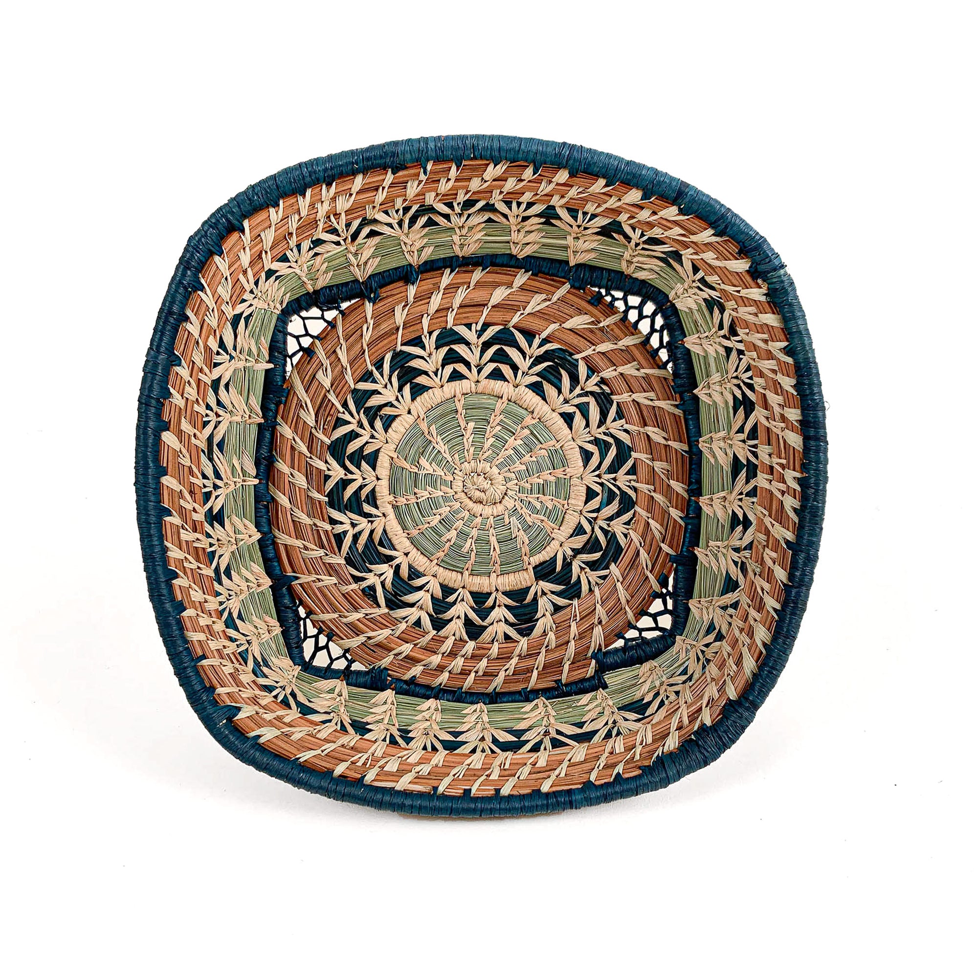 Square basket with circular center in blues and browns