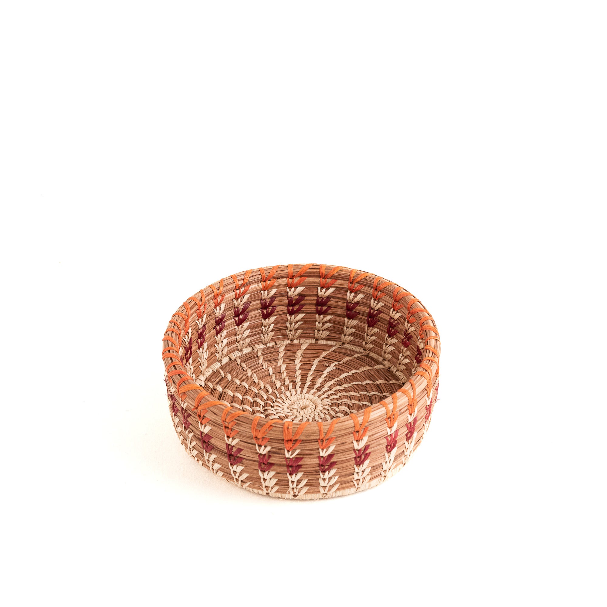 Small straight-sided pine needle basket with orange accent