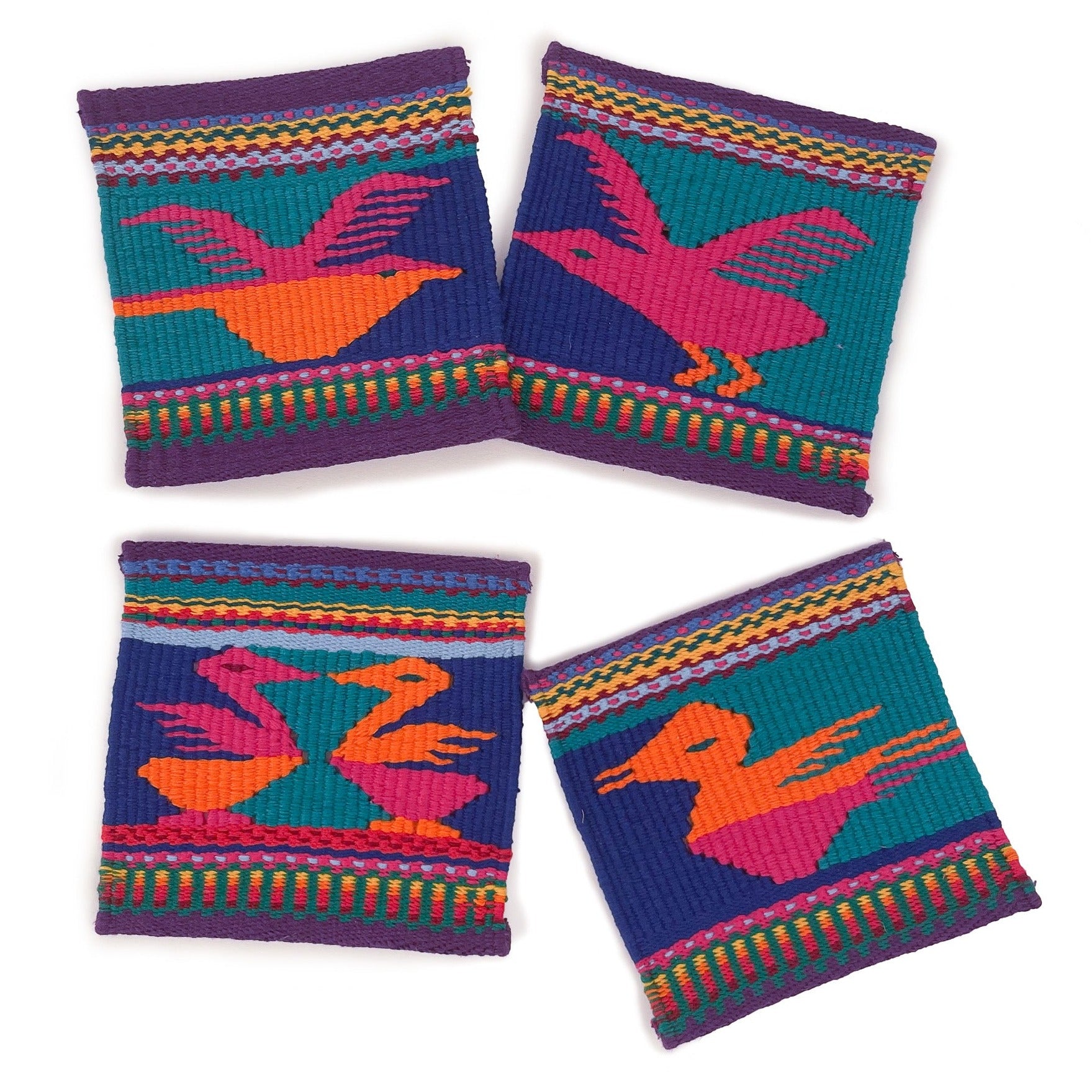 Set of 4 tapestry weave coasters on white background.  Each coaster features a bird or birds in different styles.