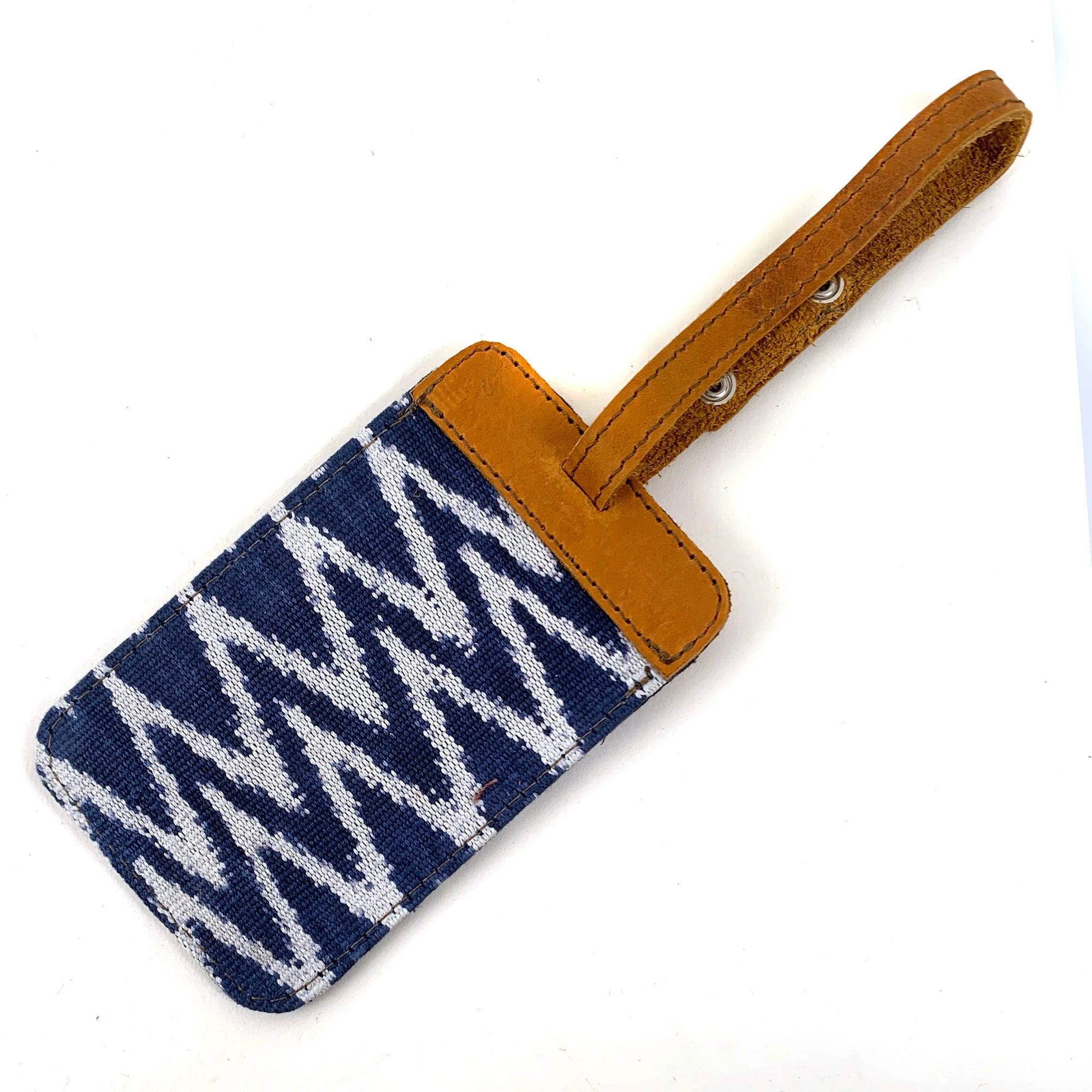 Handwoven ikat luggage tag with leather trim | Mayan Hands