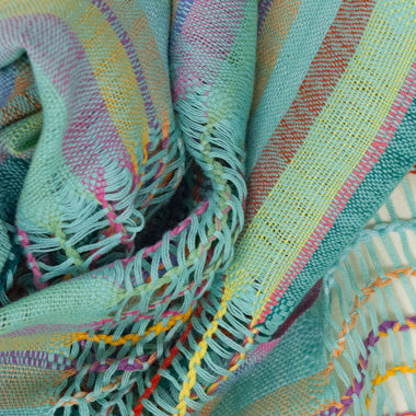 Closeup of Lattice Weave Scarf in Aqua, showing detail of lattice weave and stripes.