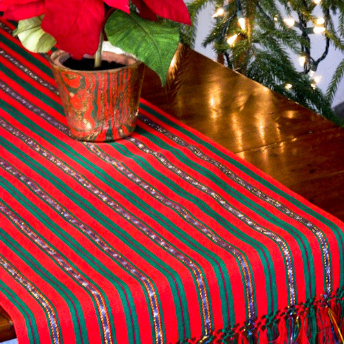 red holiday jaspe table runner with gold stripe tabletop 