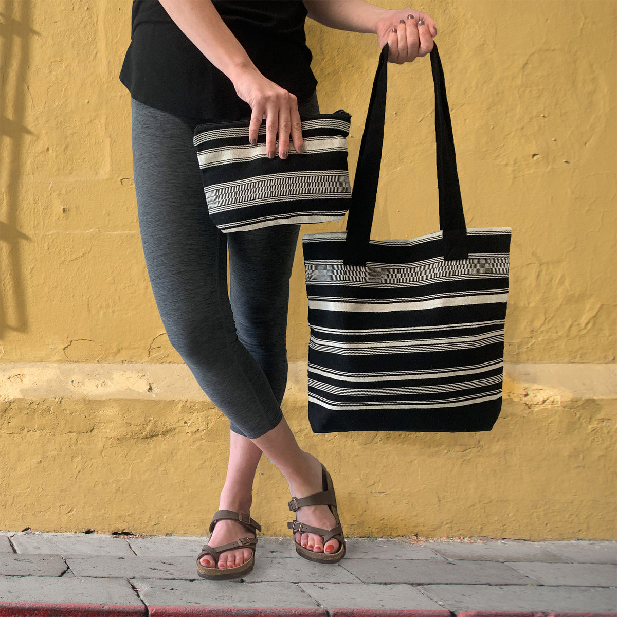 black and white handwoven tote bag