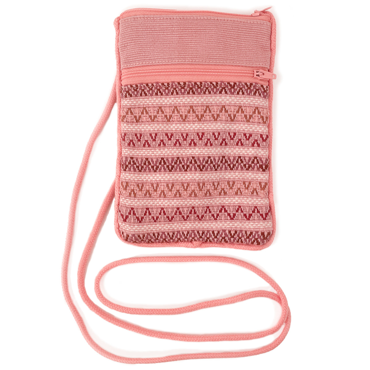 Flat lay of blush brocade cellphone bag