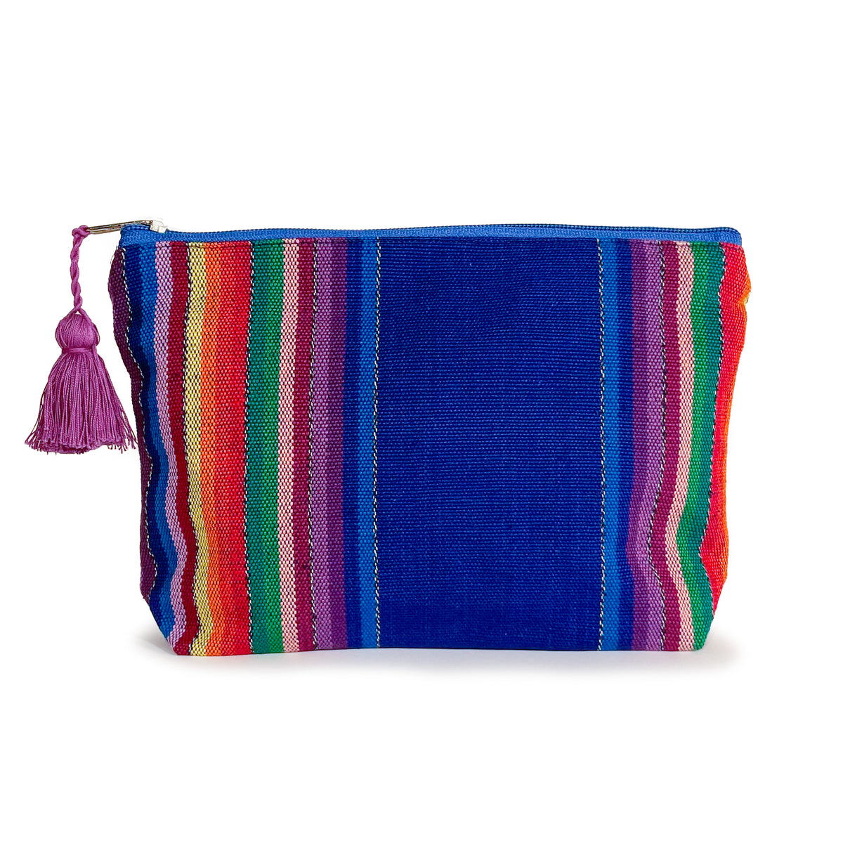 Front view of Zipper Pouch with rainbow stripes on blue background, with purple tassel on top zipper pull