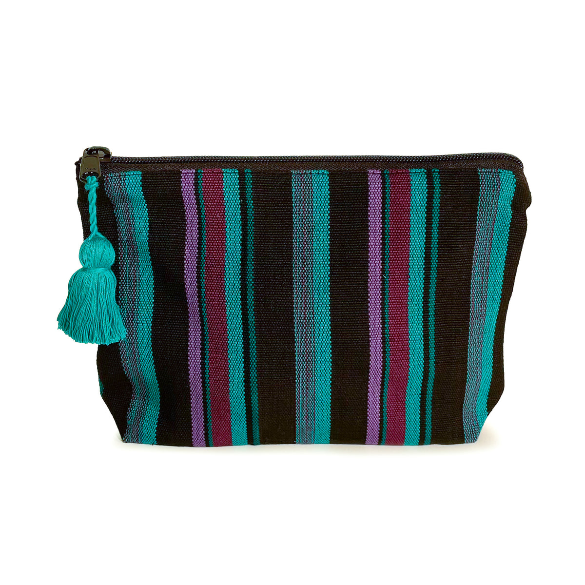 Front view of Zipper Pouch with jade, purple, and black stripes, and jade tassel on top zipper pull.