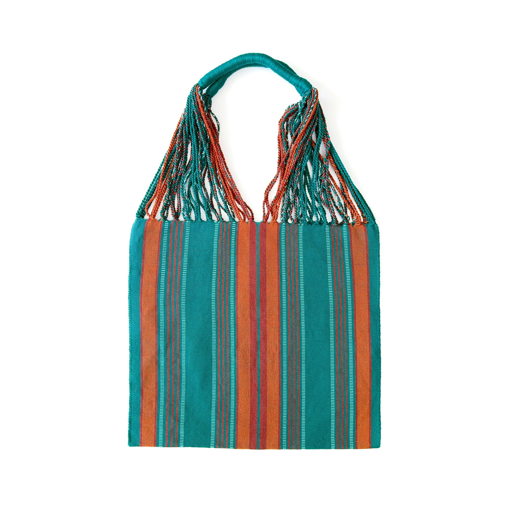 Vibrant orange and teal handwoven market bag made in Guatemala, with a striped fabric body and twisted straps, against a white background