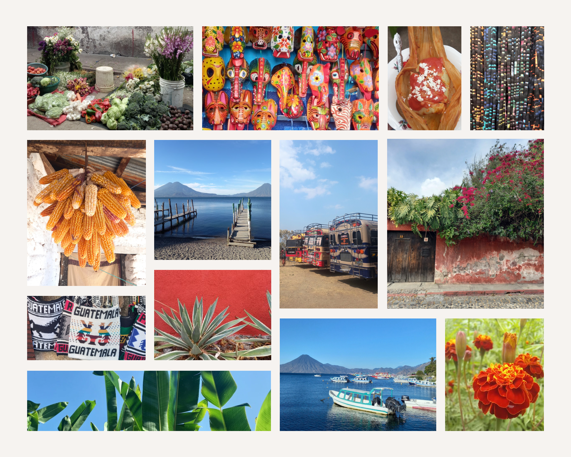 Photo collage with thirteen bright and colorful images of daily life in Guatemala including Lake Atitlán, colorful walls in Antigua, corn harvest, handmade masks, Guatemalan textiles and nature