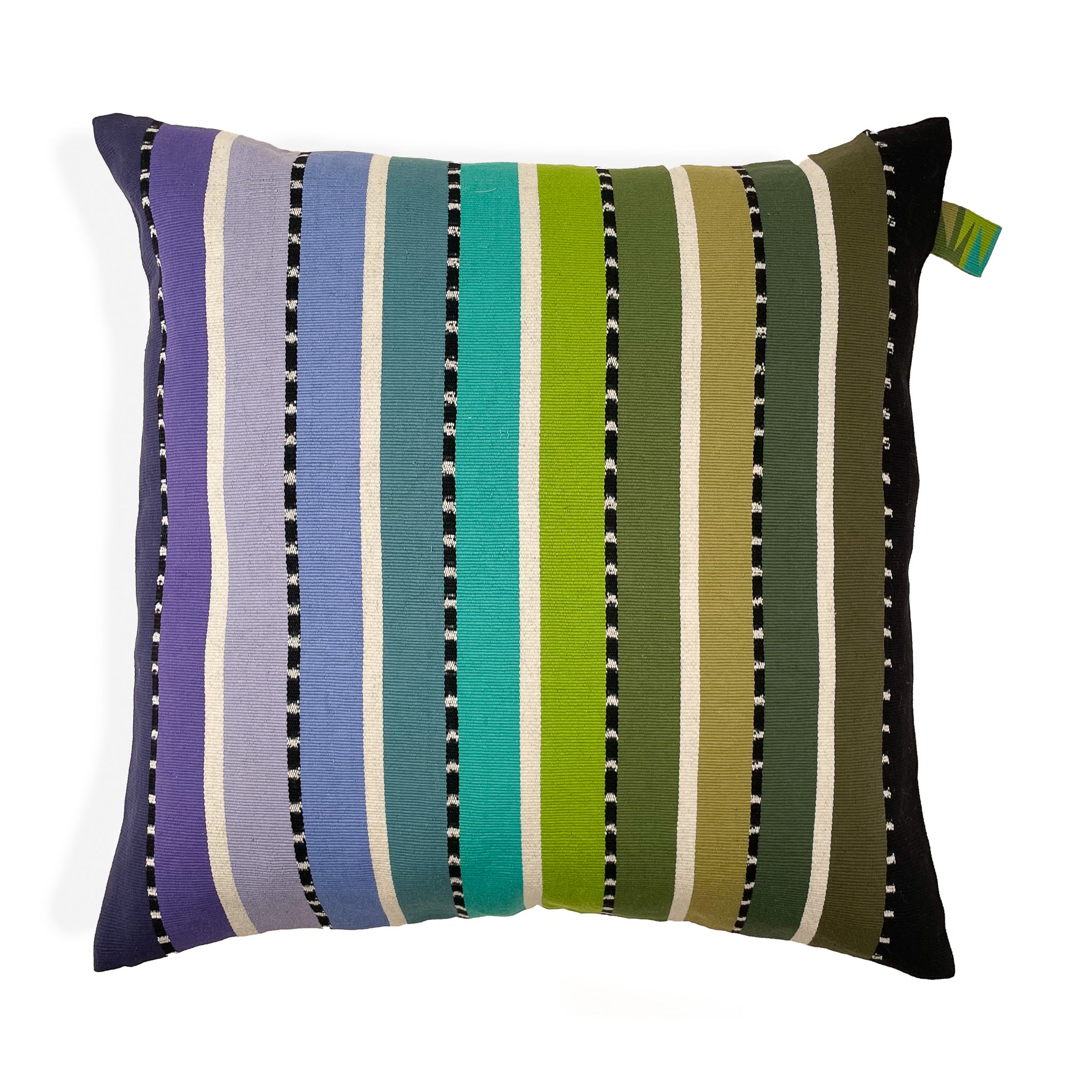 Front of cushion with colorful stripes grading from purple, blue, teal, green, to black