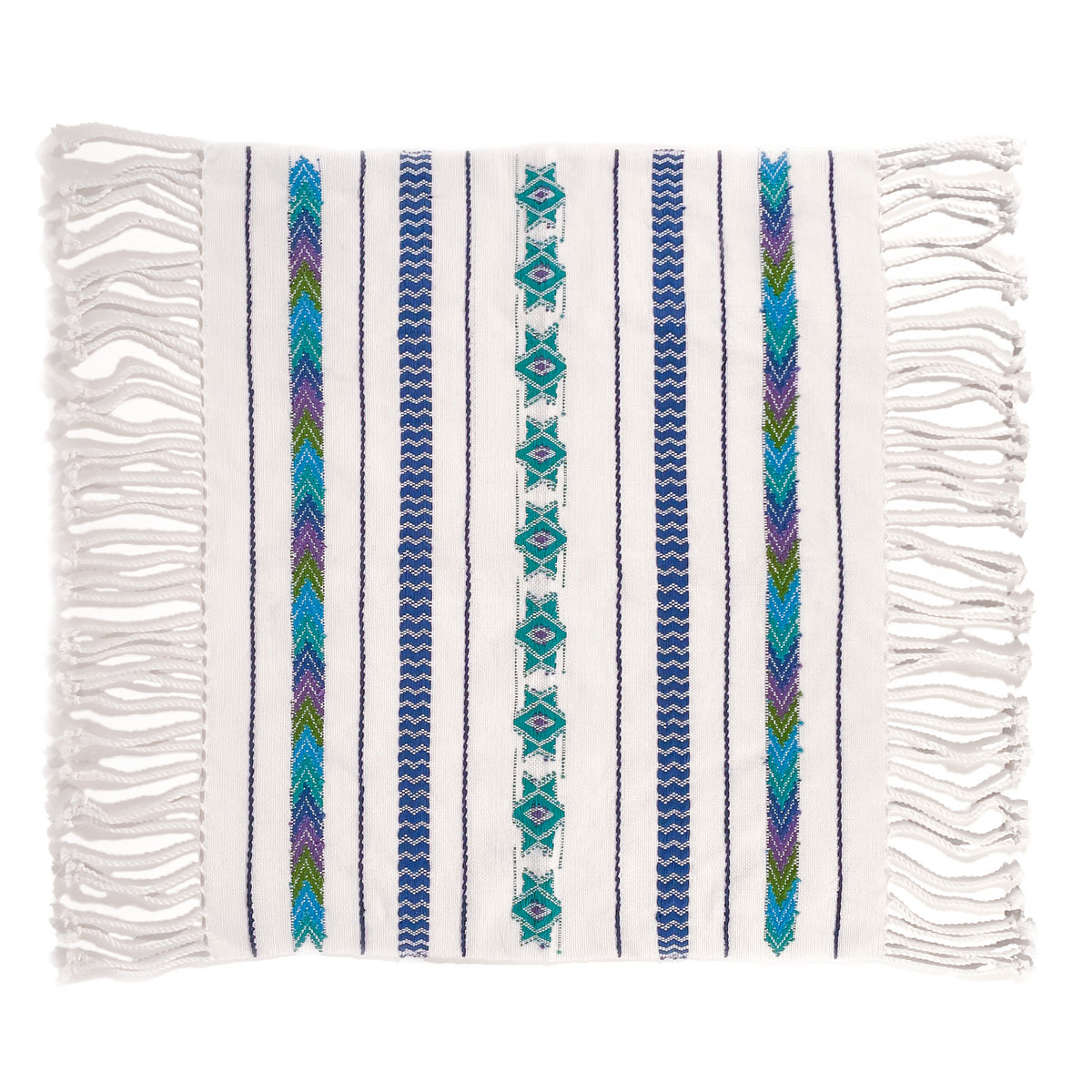 Overhead view of Brocade Challah Cover in Blue & Teal, featuring teal brocade details on a white background, with fringed edges