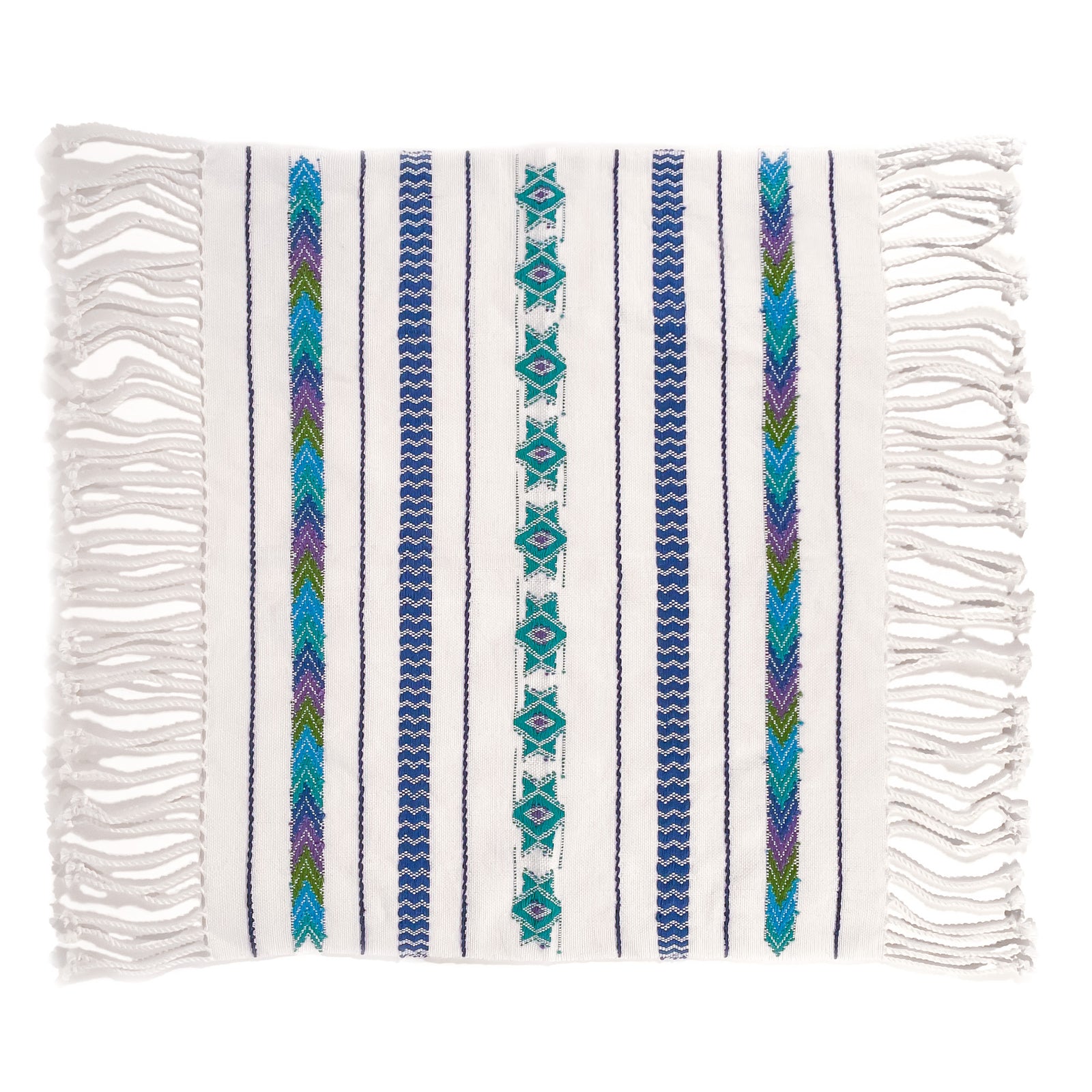 Overhead view of Brocade Challah Cover in Blue & Teal, featuring teal brocade details on a white background, with fringed edges