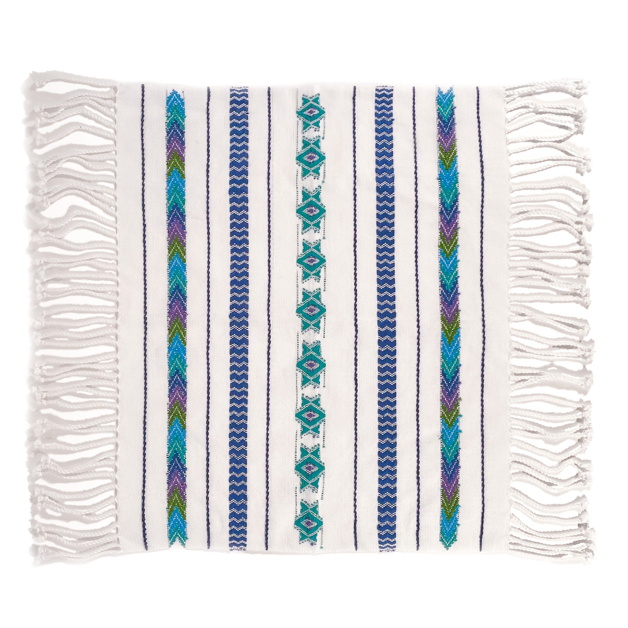 Overhead view of Brocade Challah Cover in Blue & Teal, featuring teal brocade details on a white background, with fringed edges