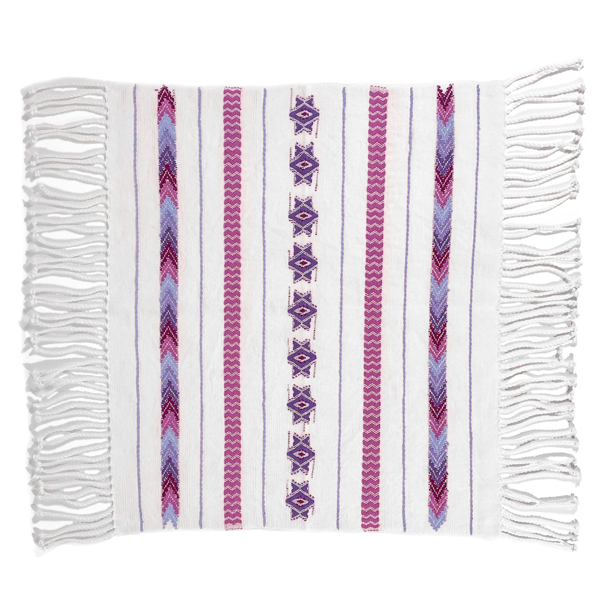 Overhead view of Brocade Challah Cover in Purple, featuring purple brocade details on a white background, with fringed edges