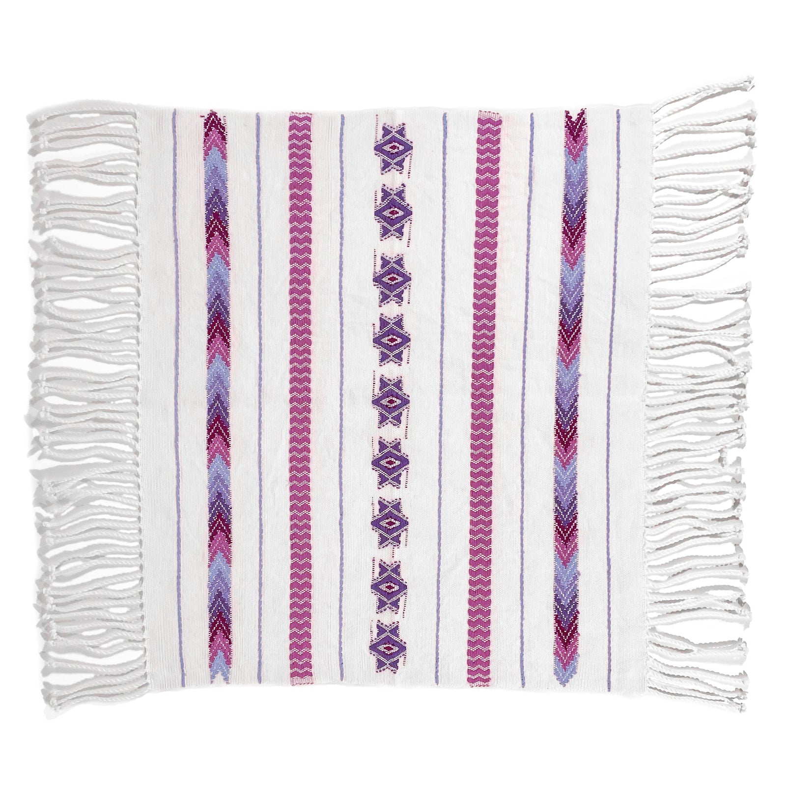 Overhead view of Brocade Challah Cover in Purple, featuring purple brocade details on a white background, with fringed edges