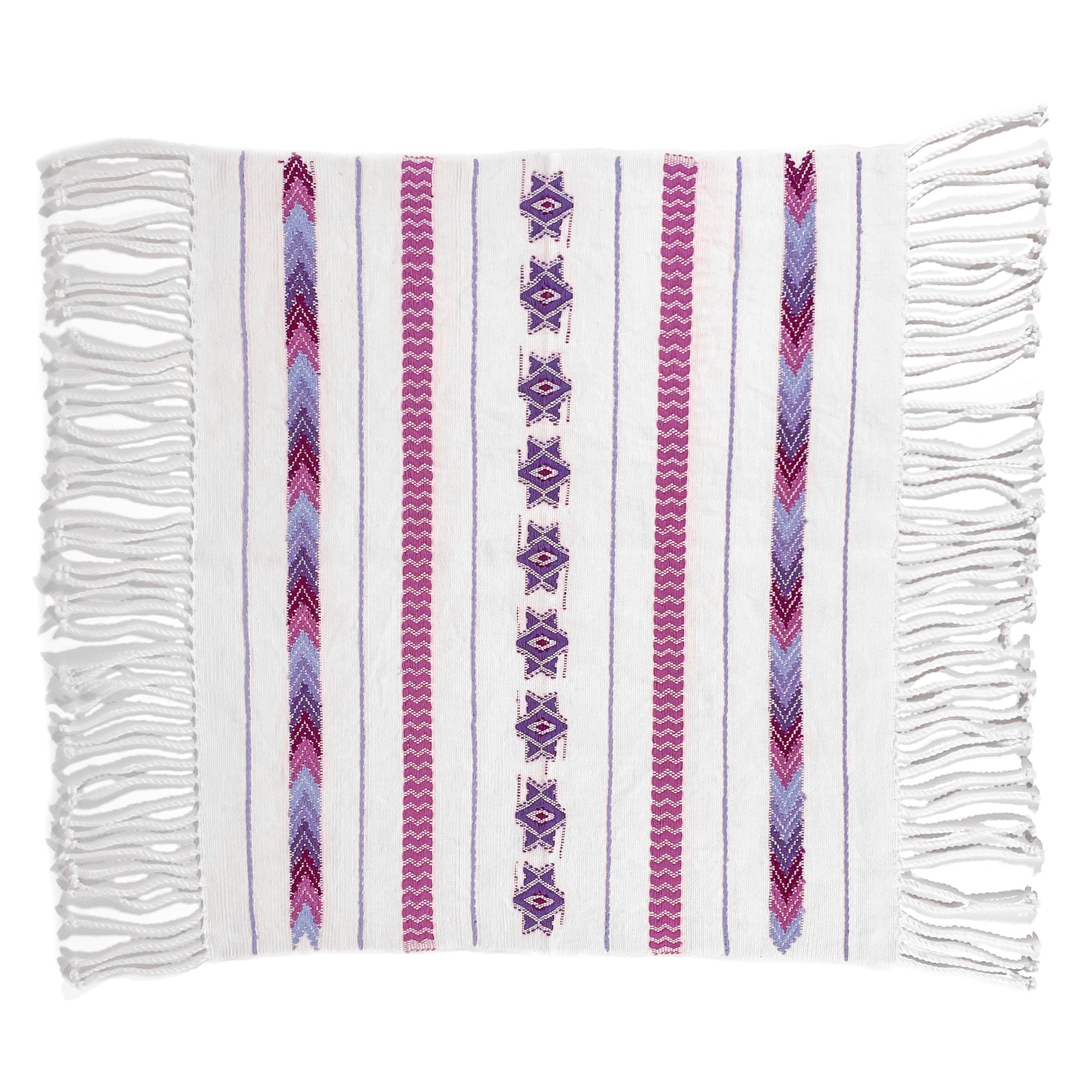 Overhead view of Brocade Challah Cover in Purple, featuring purple brocade details on a white background, with fringed edges