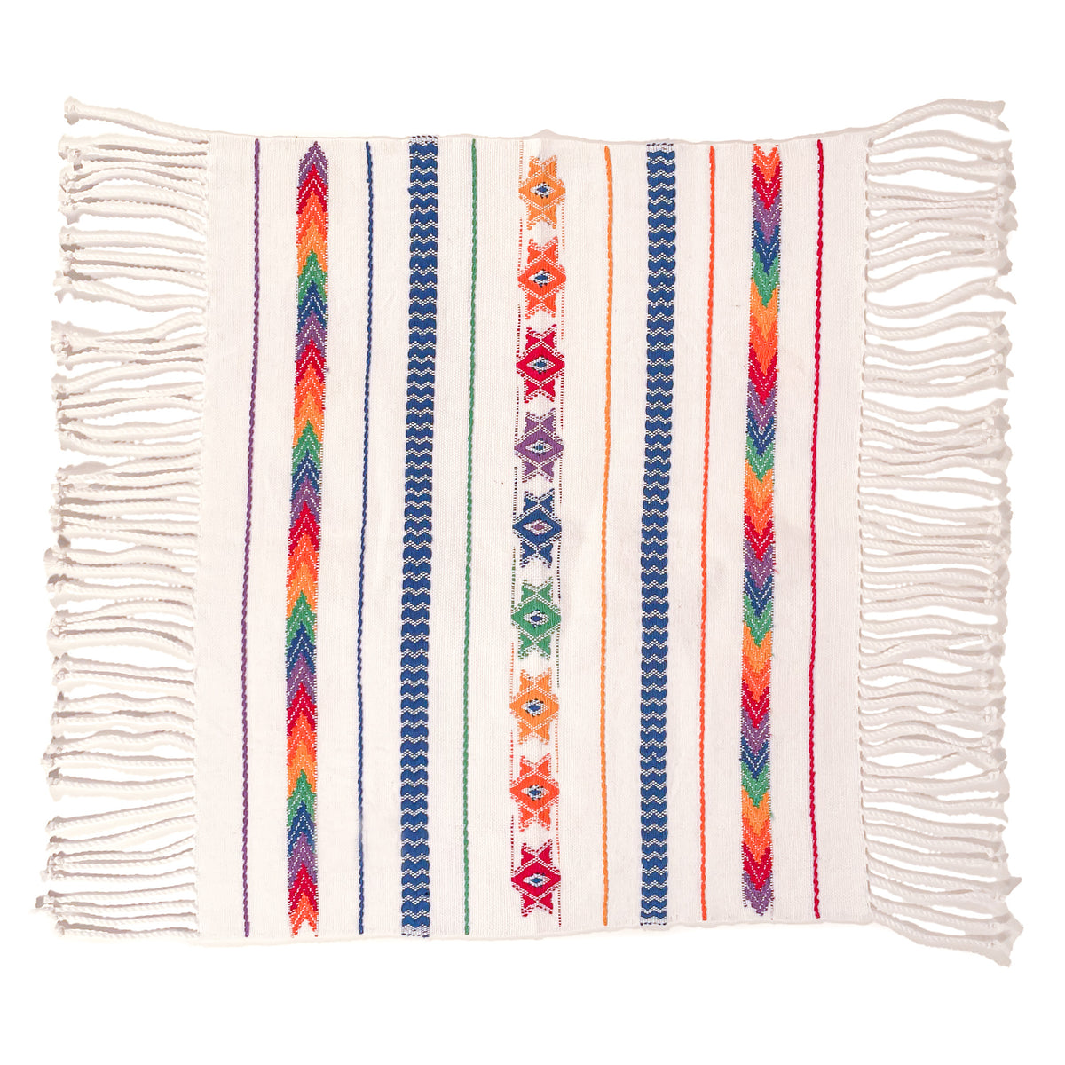 Overhead view of Brocade Challah Cover in Rainbow featuring purple brocade details on a white background, with fringed edges