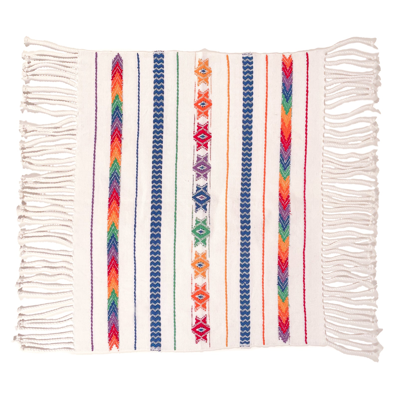 Overhead view of Brocade Challah Cover in Rainbow featuring purple brocade details on a white background, with fringed edges