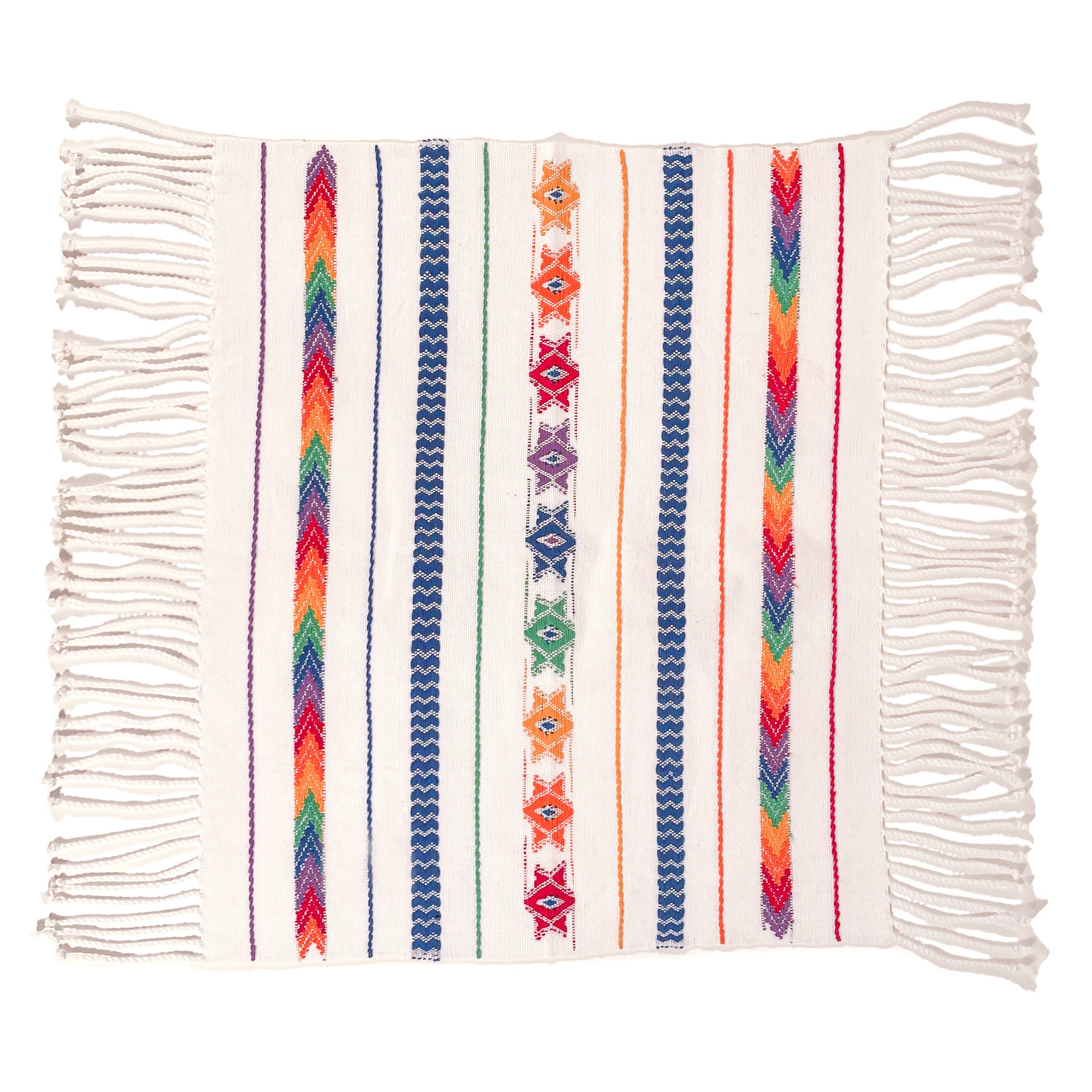 Overhead view of Brocade Challah Cover in Rainbow featuring purple brocade details on a white background, with fringed edges