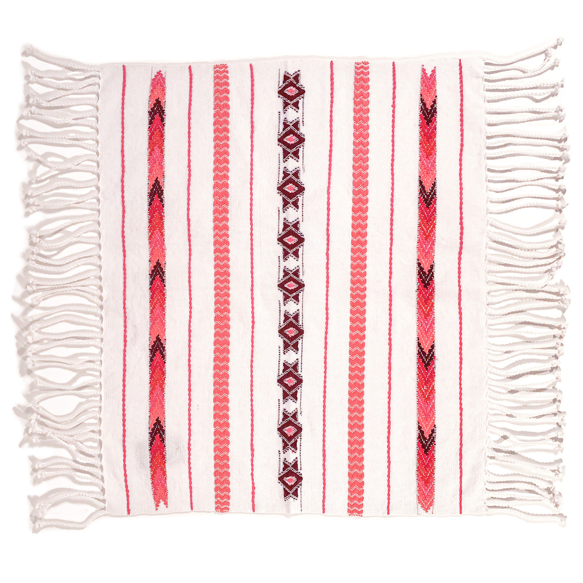 Overhead view of Brocade Challah Cover in Red, featuring red brocade details on a white background, with fringed edges