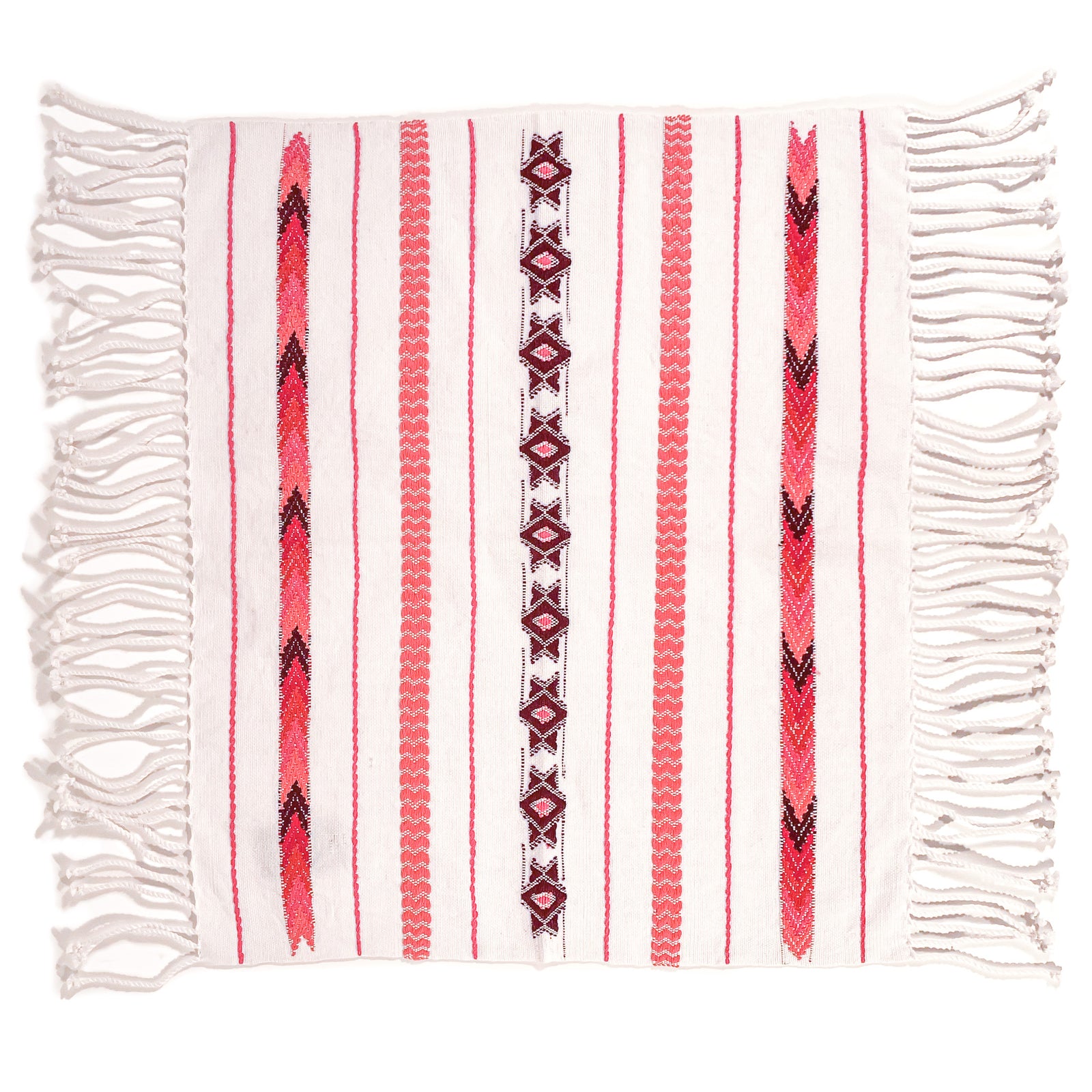 Overhead view of Brocade Challah Cover in Red, featuring red brocade details on a white background, with fringed edges