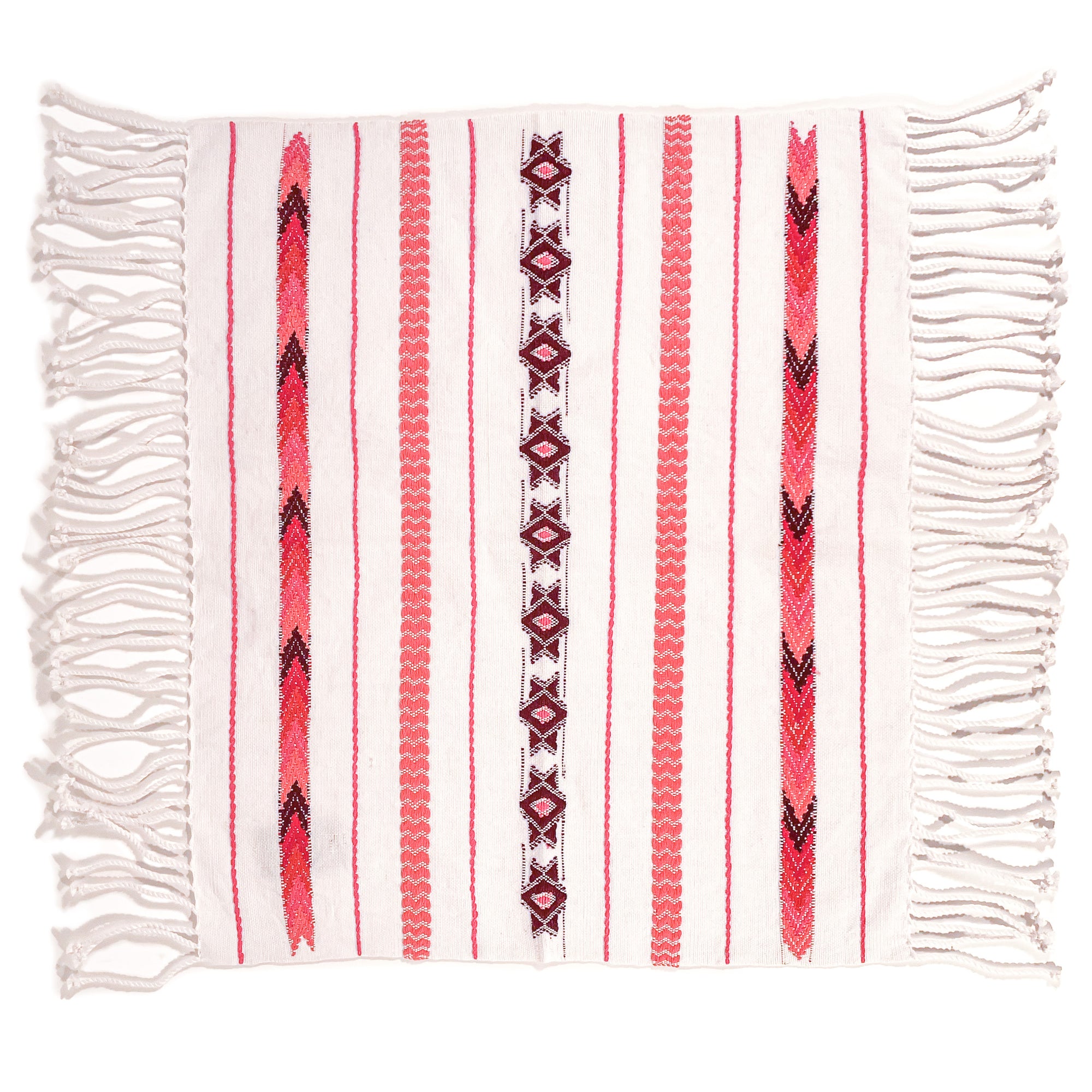 Overhead view of Brocade Challah Cover in Red, featuring red brocade details on a white background, with fringed edges