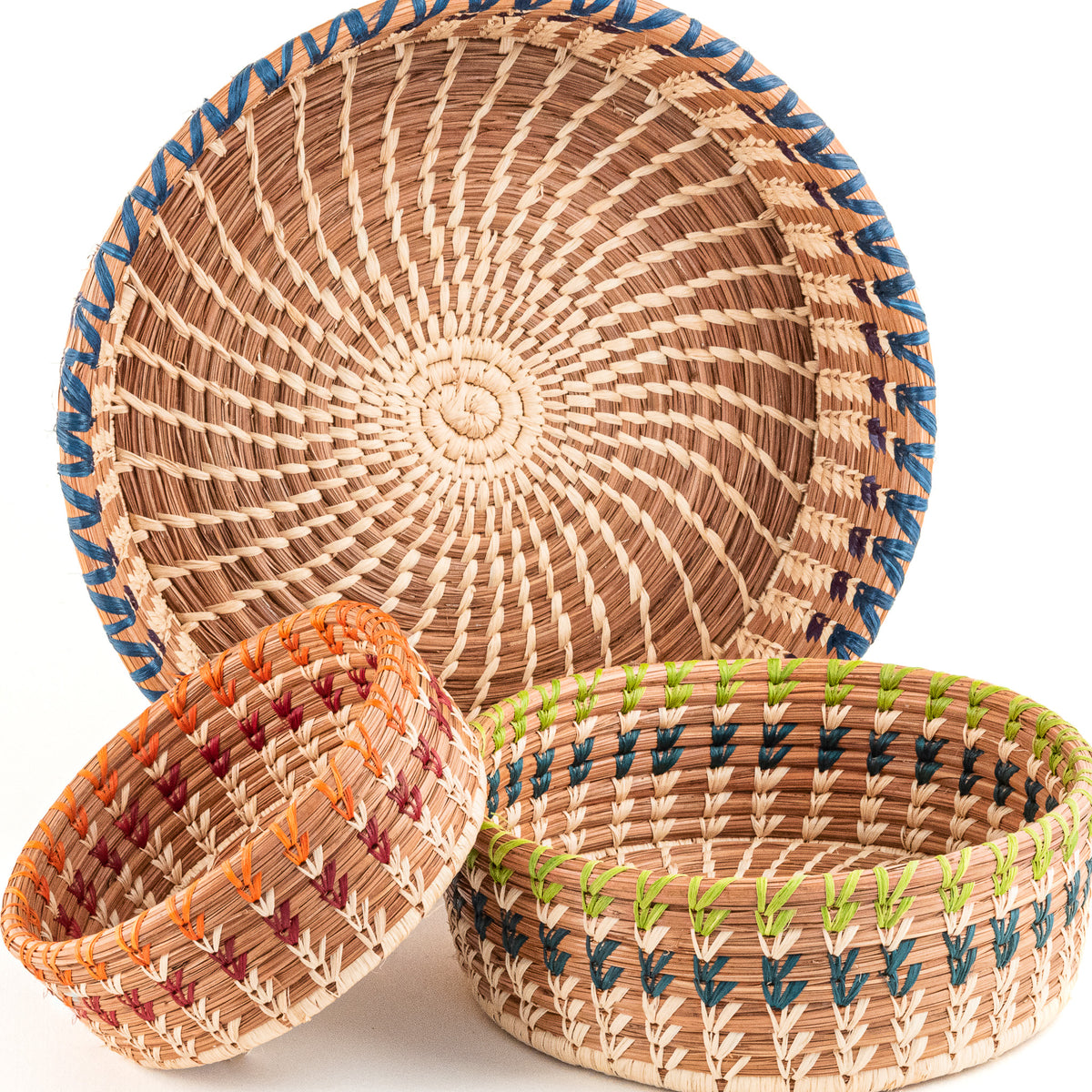 set of three straight-sided pine needle baskets