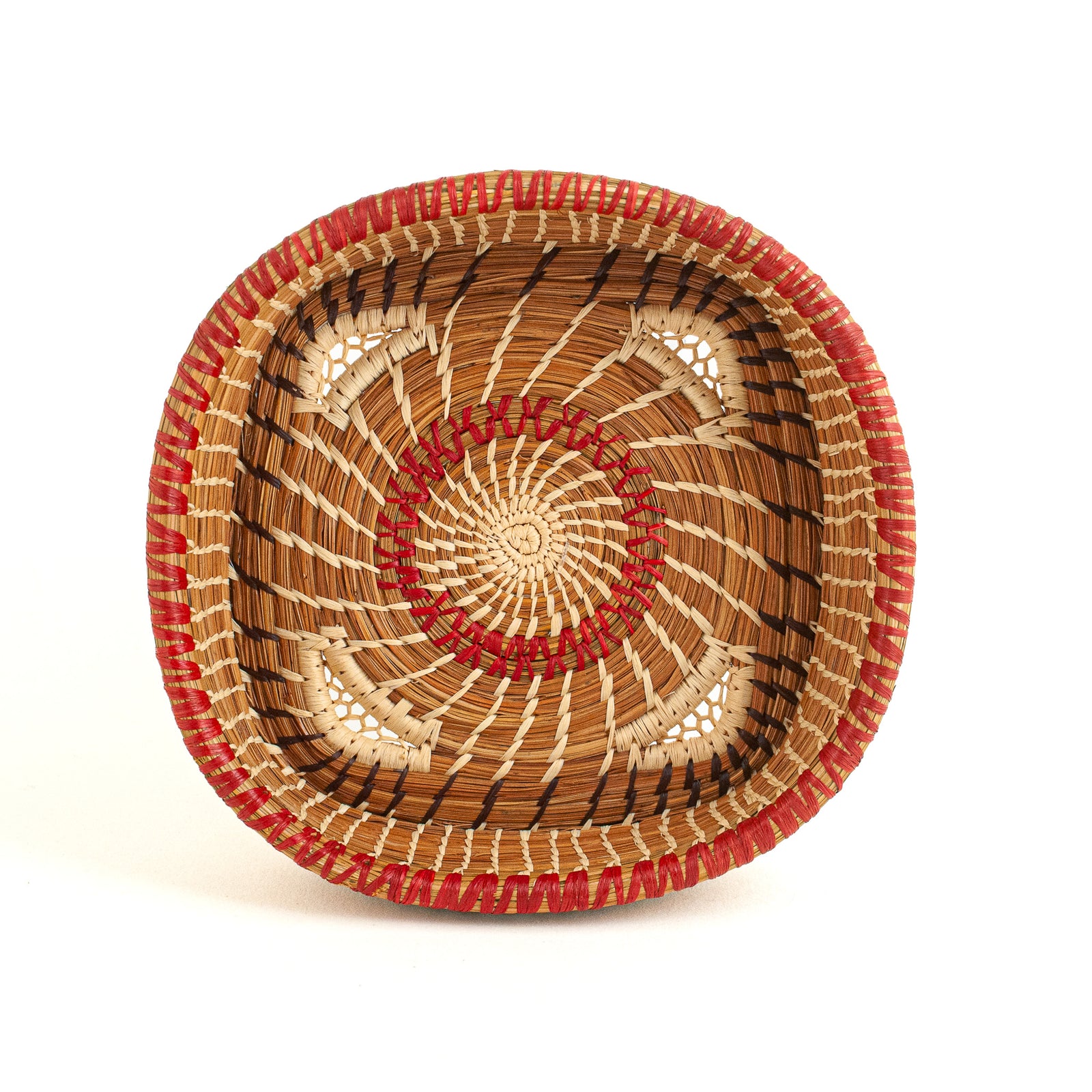 pine needle basket with red and brown accents