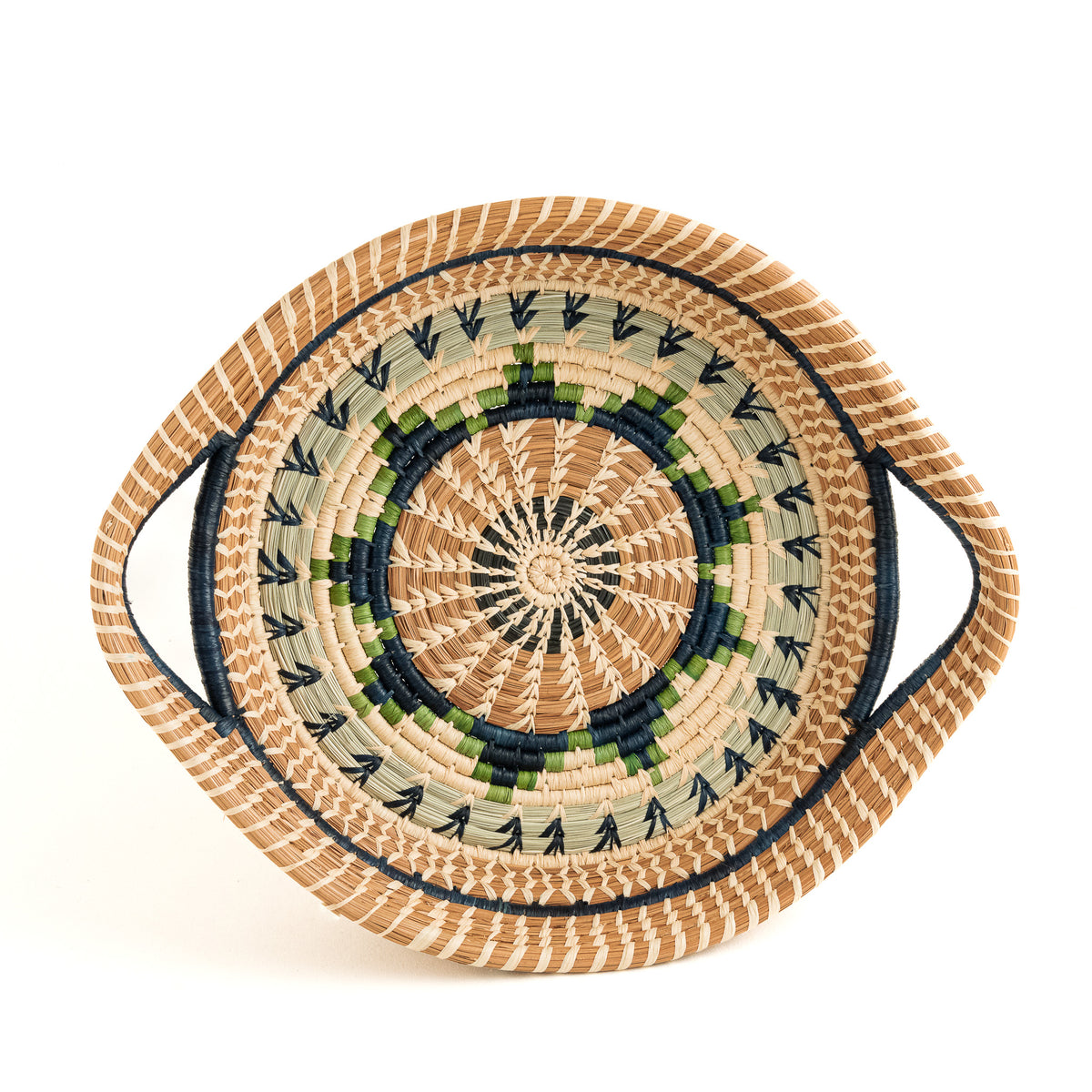 Guatemalan pine needle basket with handles in green