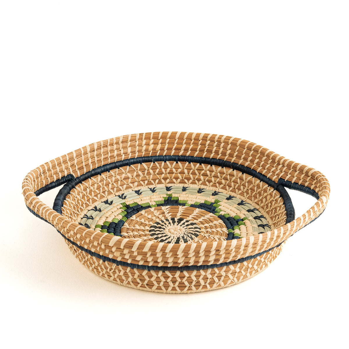 Guatemalan pine needle basket with handles in green