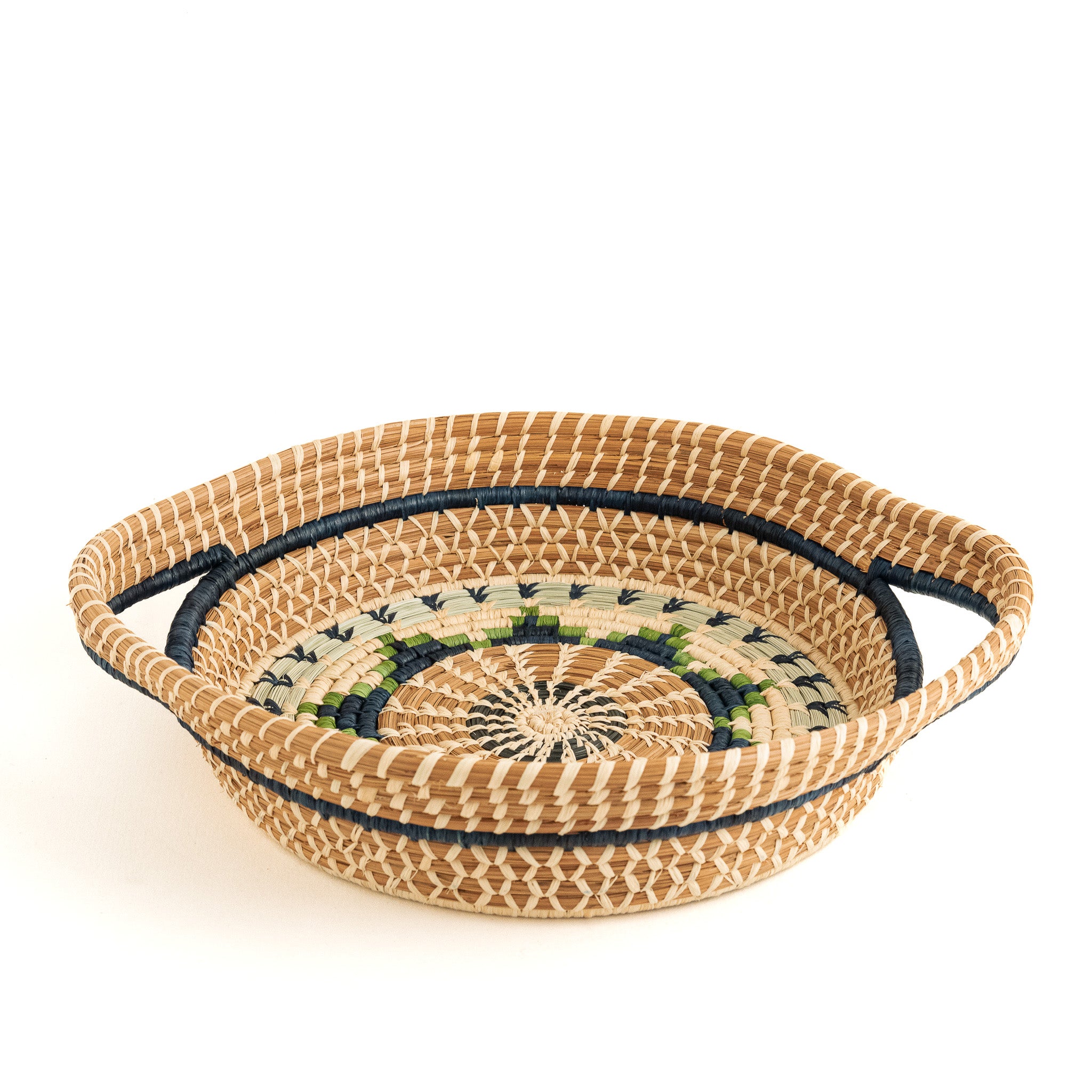 Vintage Hand Woven Round Flat Basket Green Brown and Tan Home Decor BOHO 11  1/4 Diameter