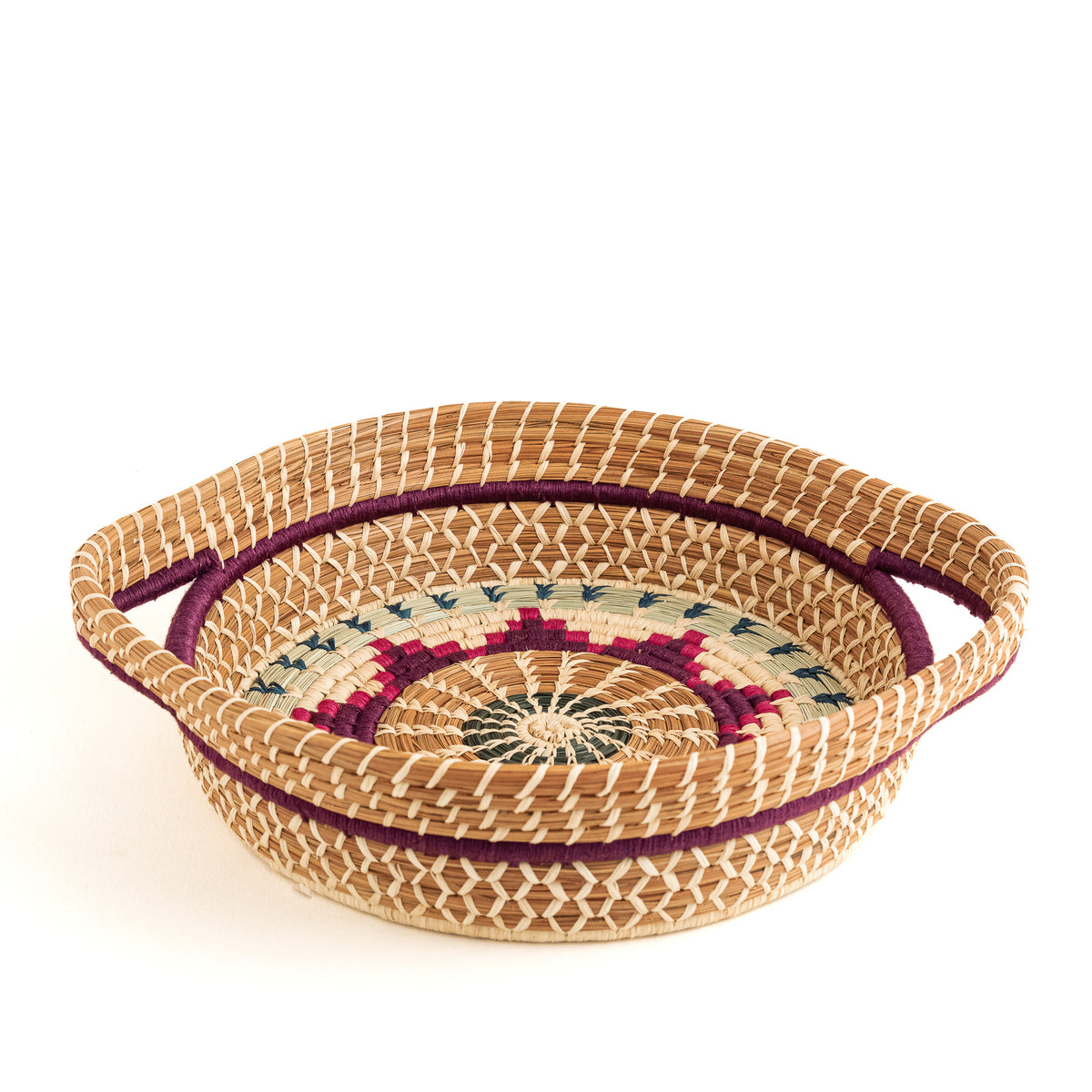 Guatemalan pine needle basket with handles in purple