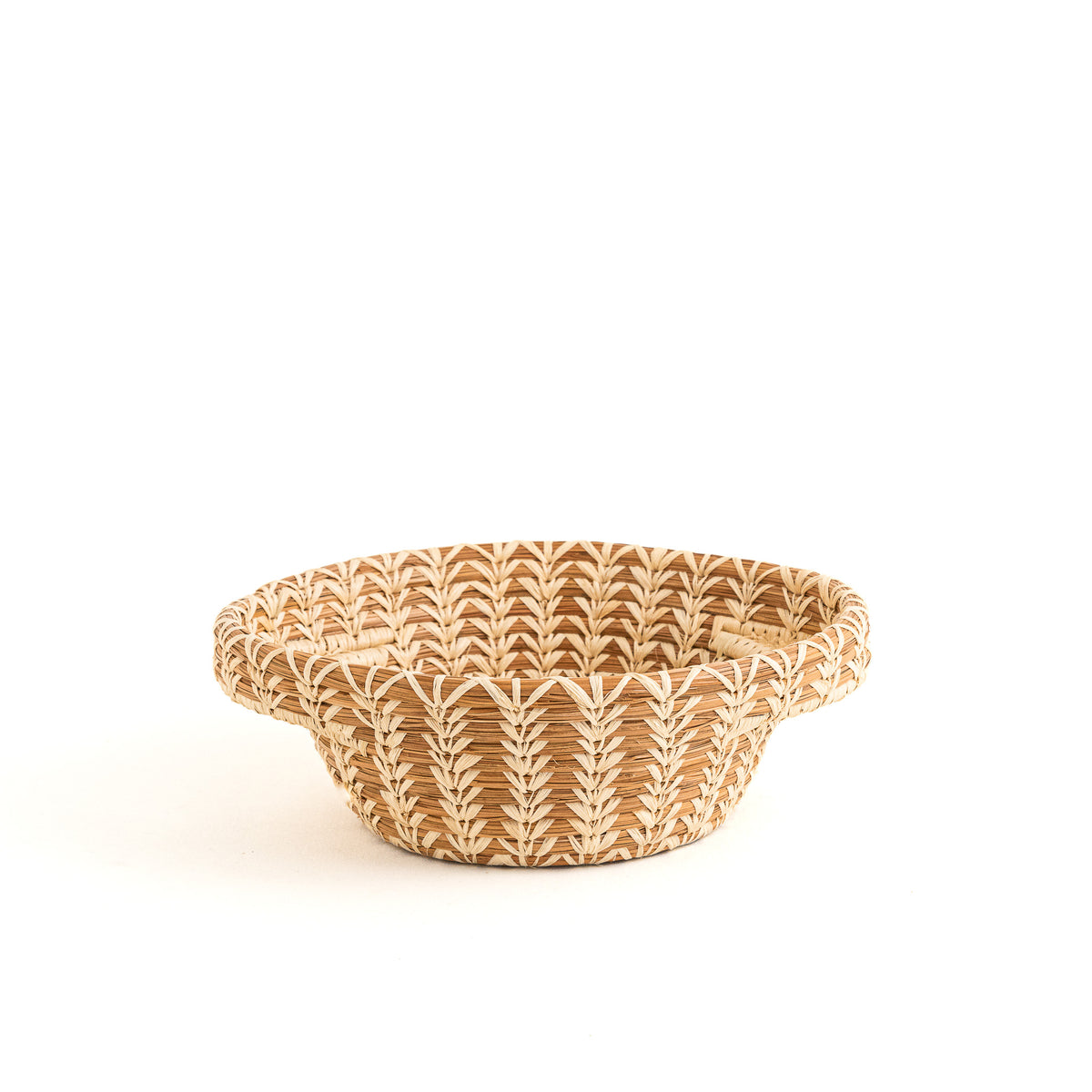 Small Pine Needle Basket with Lacy Handles side view