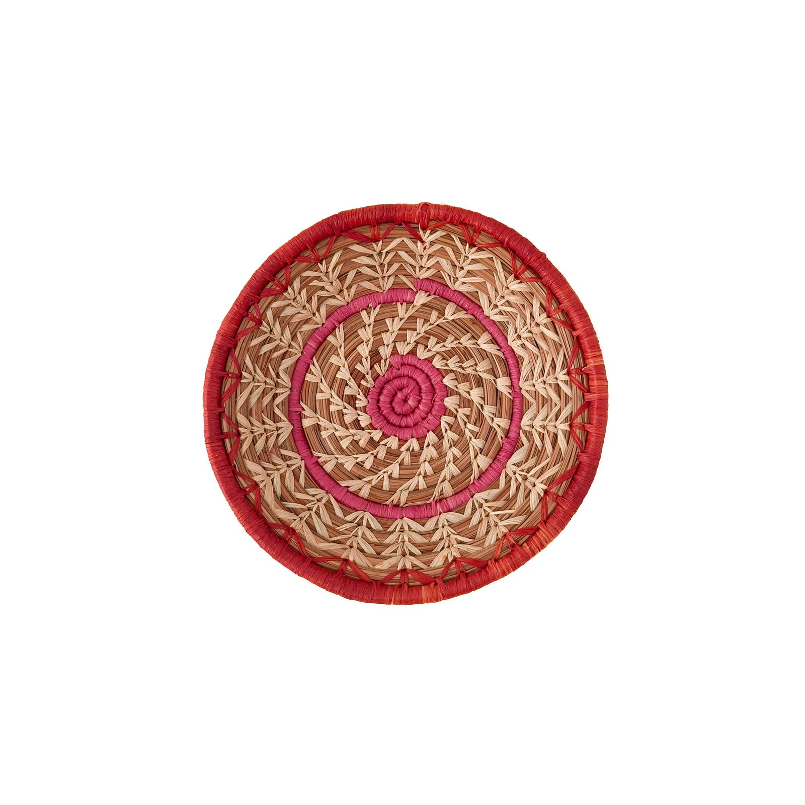 Vibrant pine needle basket with pink and orange stitching and delicate natural raffia accents