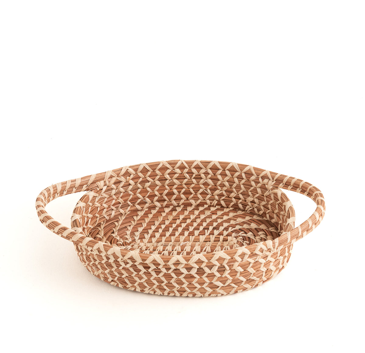 oval pine needle basket with handles, 3/4 view