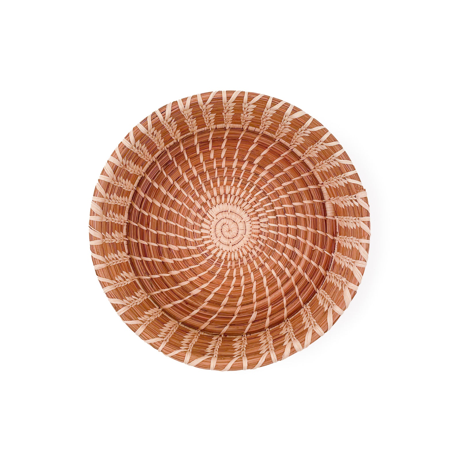 Front angled view of Medium Nesting Basket, made from coiled pine needles and stitched raffia