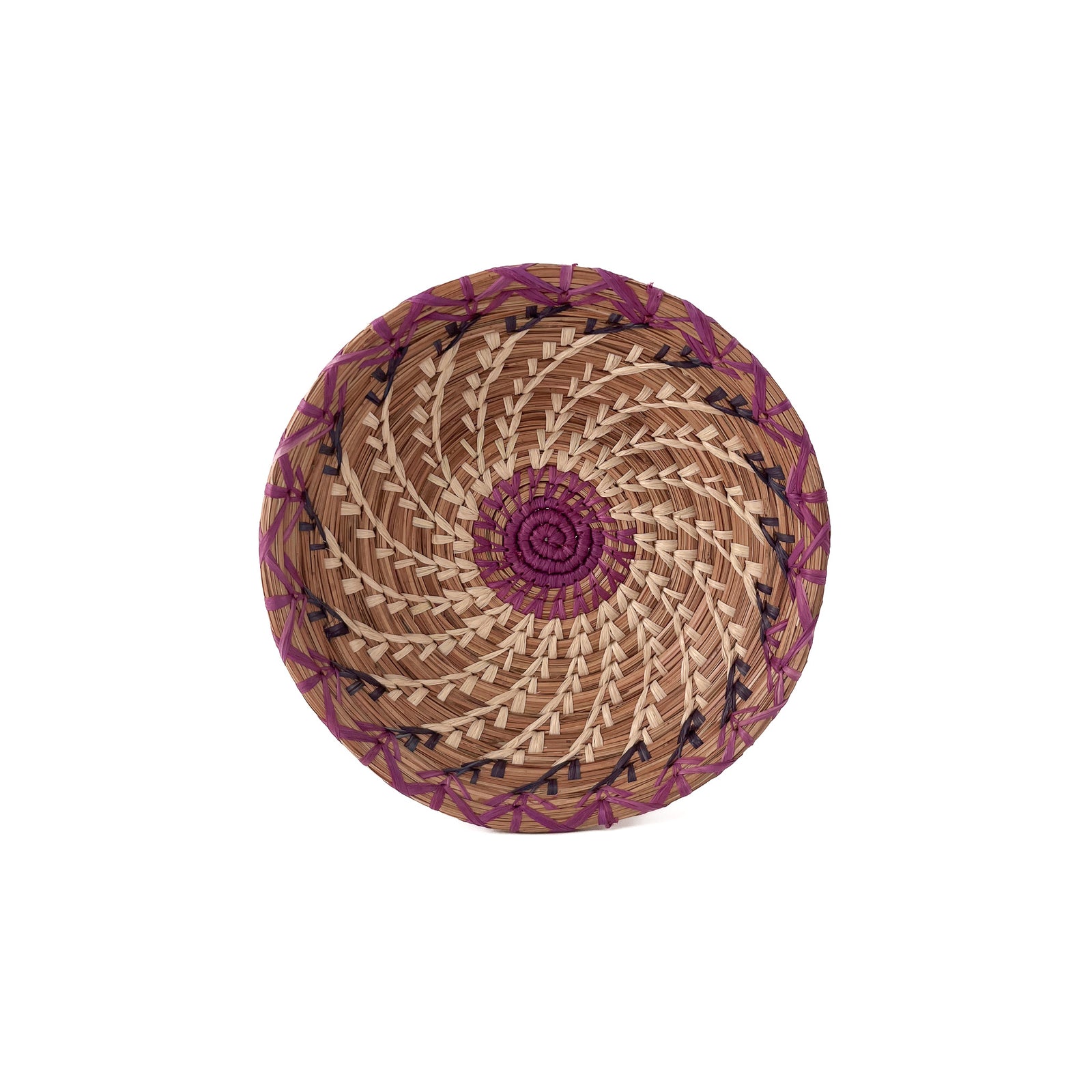 Handwoven pine needle basket with purple center, spiraling natural delicate stitching, and a purple and blue border