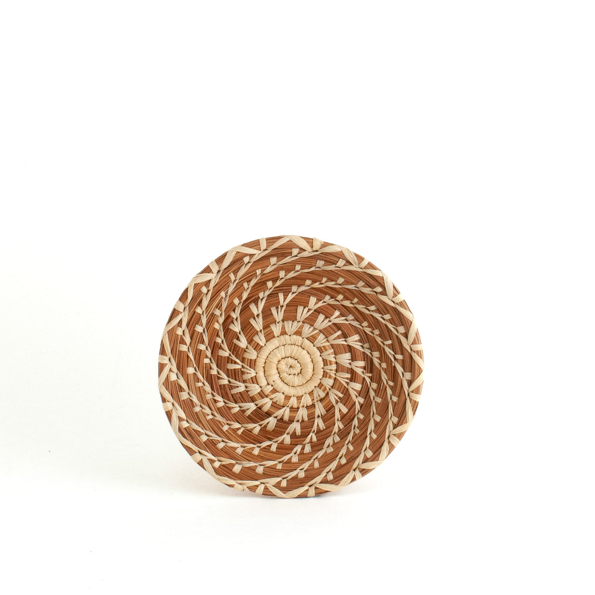 pine needle basket with raffia stitching