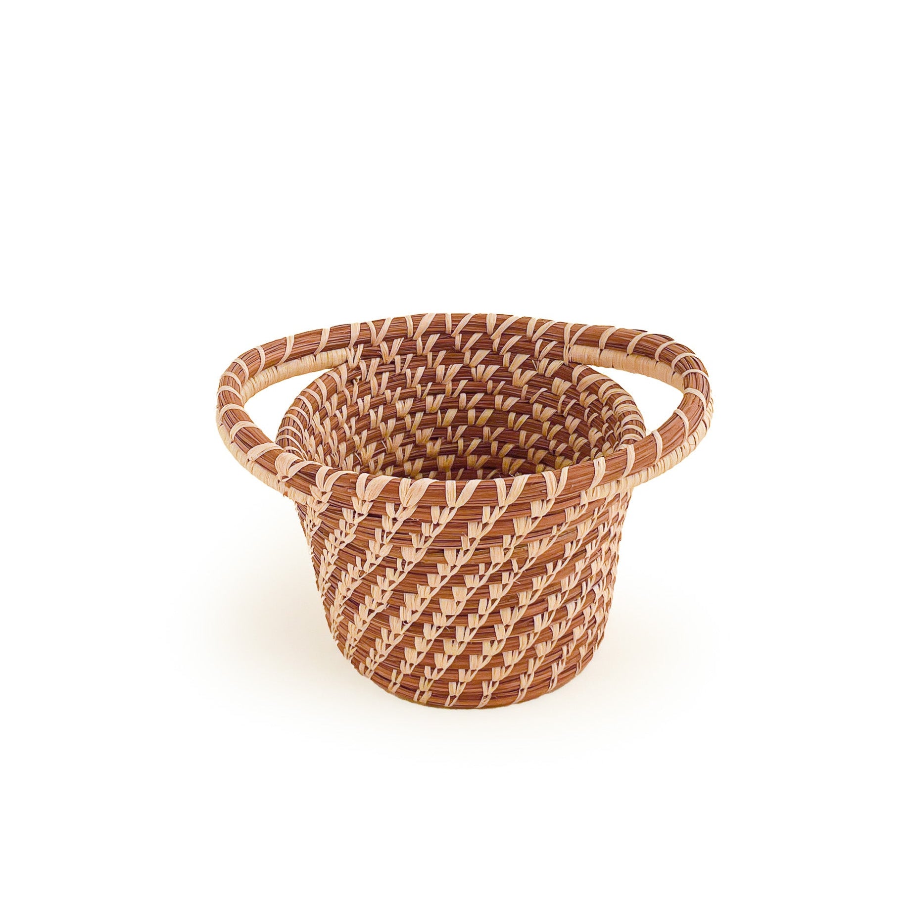 Front view of Small Planter Basket with horizontal handles at top, on white background, 