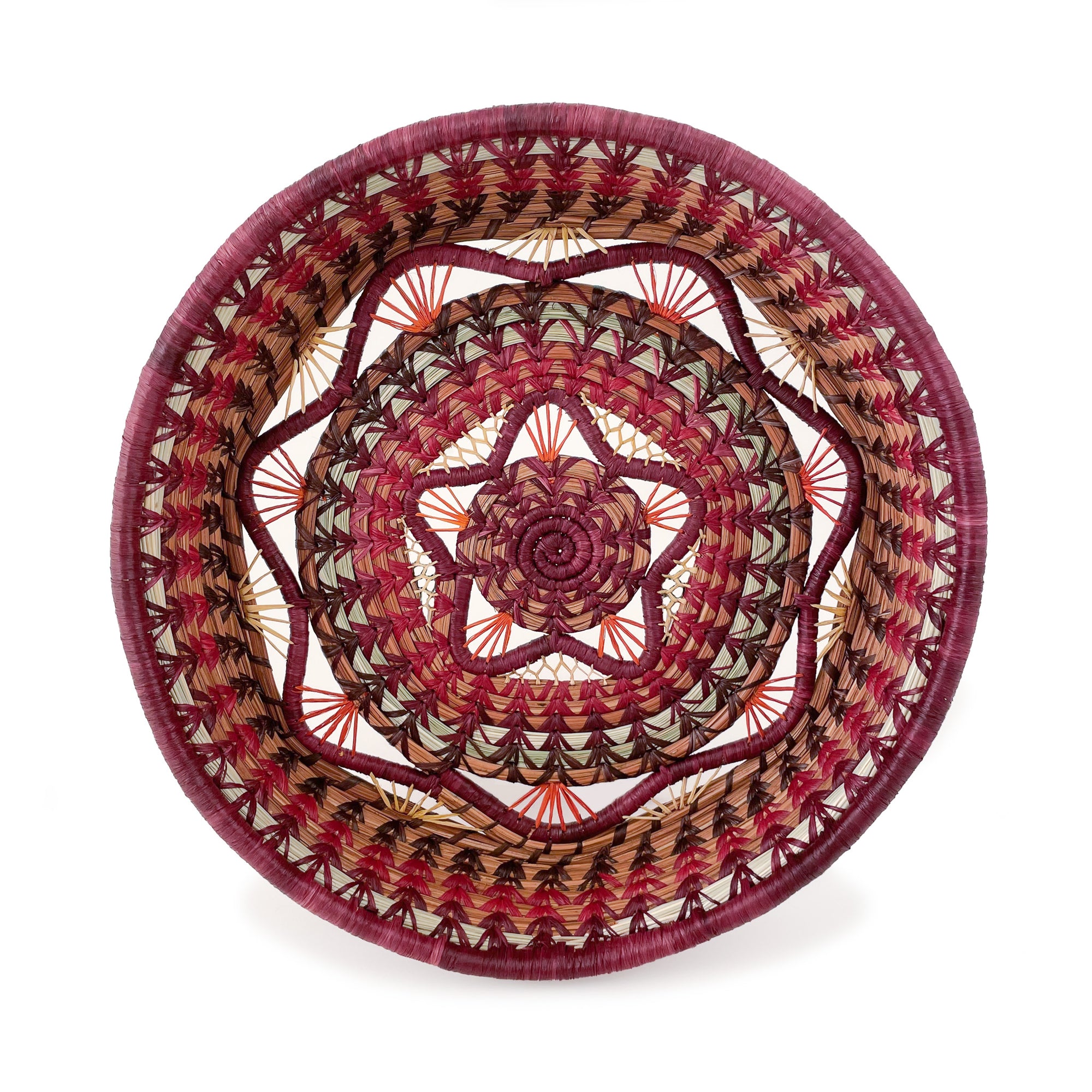 Front facing view of Rosenda Basket in Wine, featuring a wine-color rim, scallop detail, and star-shaped accent in center, with raffia detailing