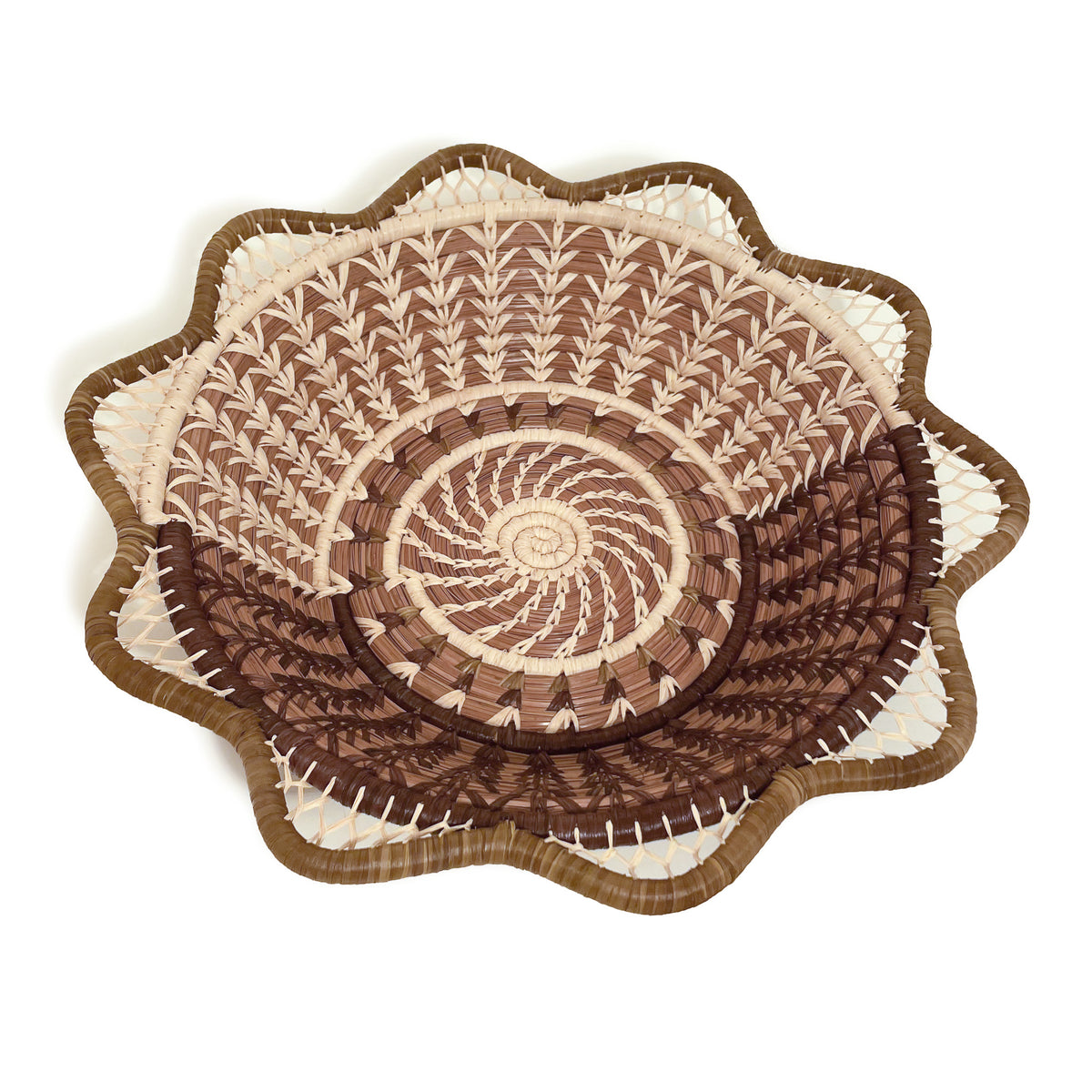 Angled view of Cafe Basket, with tan scallop rim detail, and design with half of raffia stitching in natural, and half of raffia stitching dyed brown