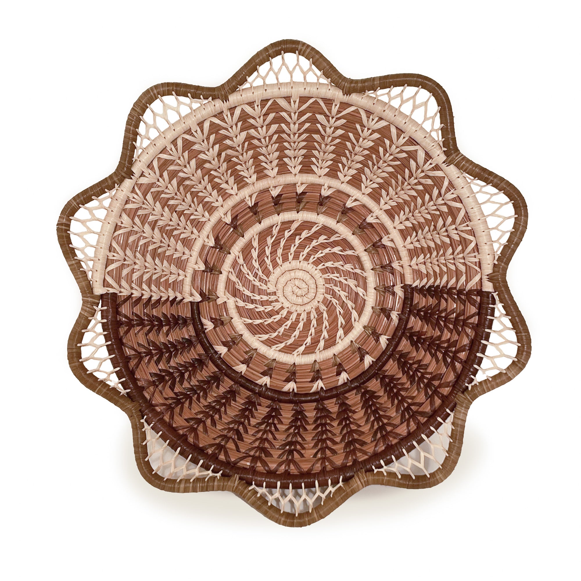 Front facing view of Cafe Basket, with tan scallop rim detail, and design with half of raffia stitching in natural, and half of raffia stitching dyed brown