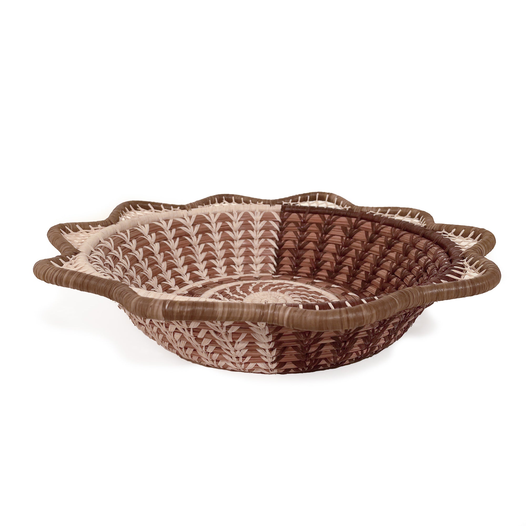 Front facing view of Cafe Basket, with tan scallop rim detail, and design with half of raffia stitching in natural, and half of raffia stitching dyed brown