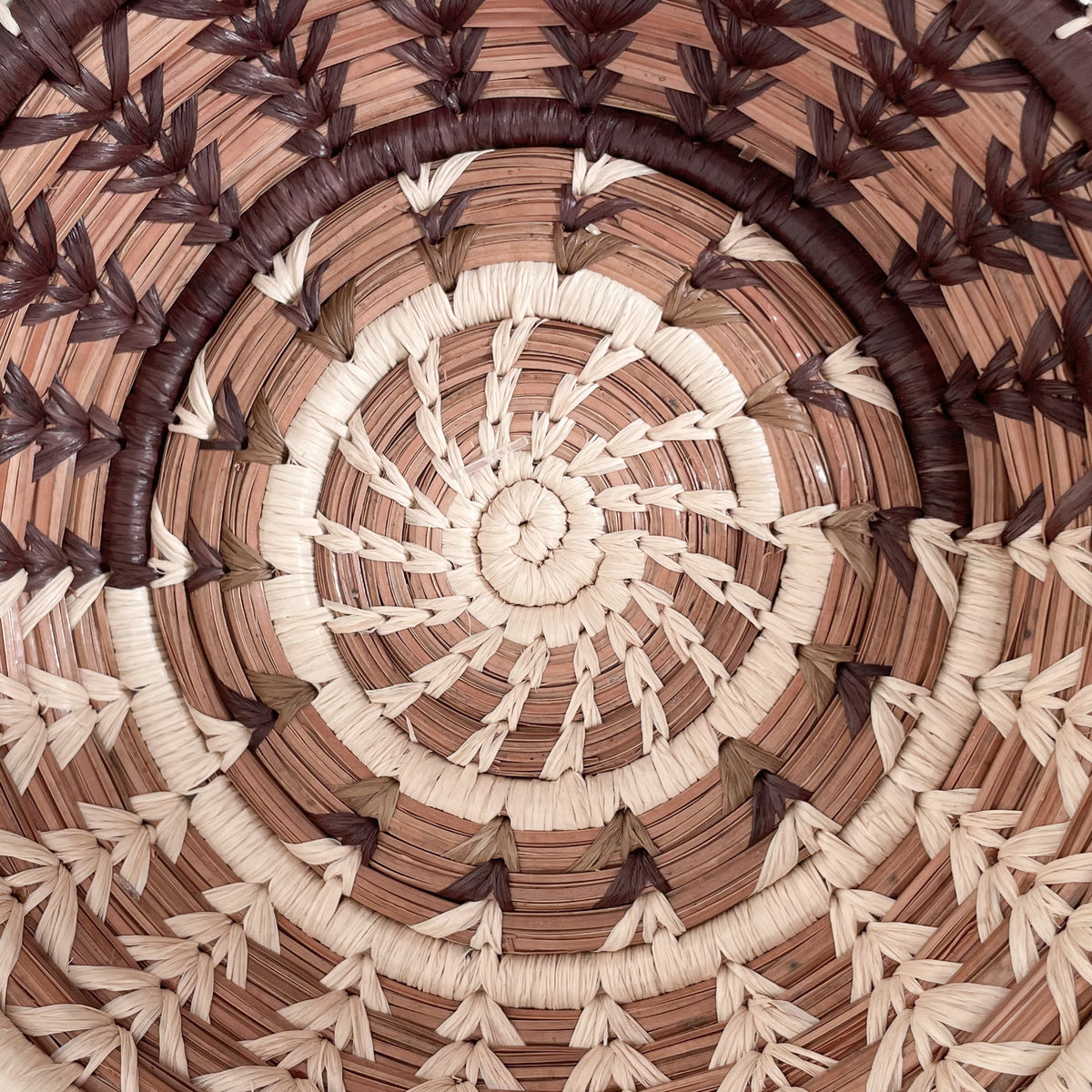 Closeup of Coco Basket, showing contrasting coco brown and natural raffia stitching.