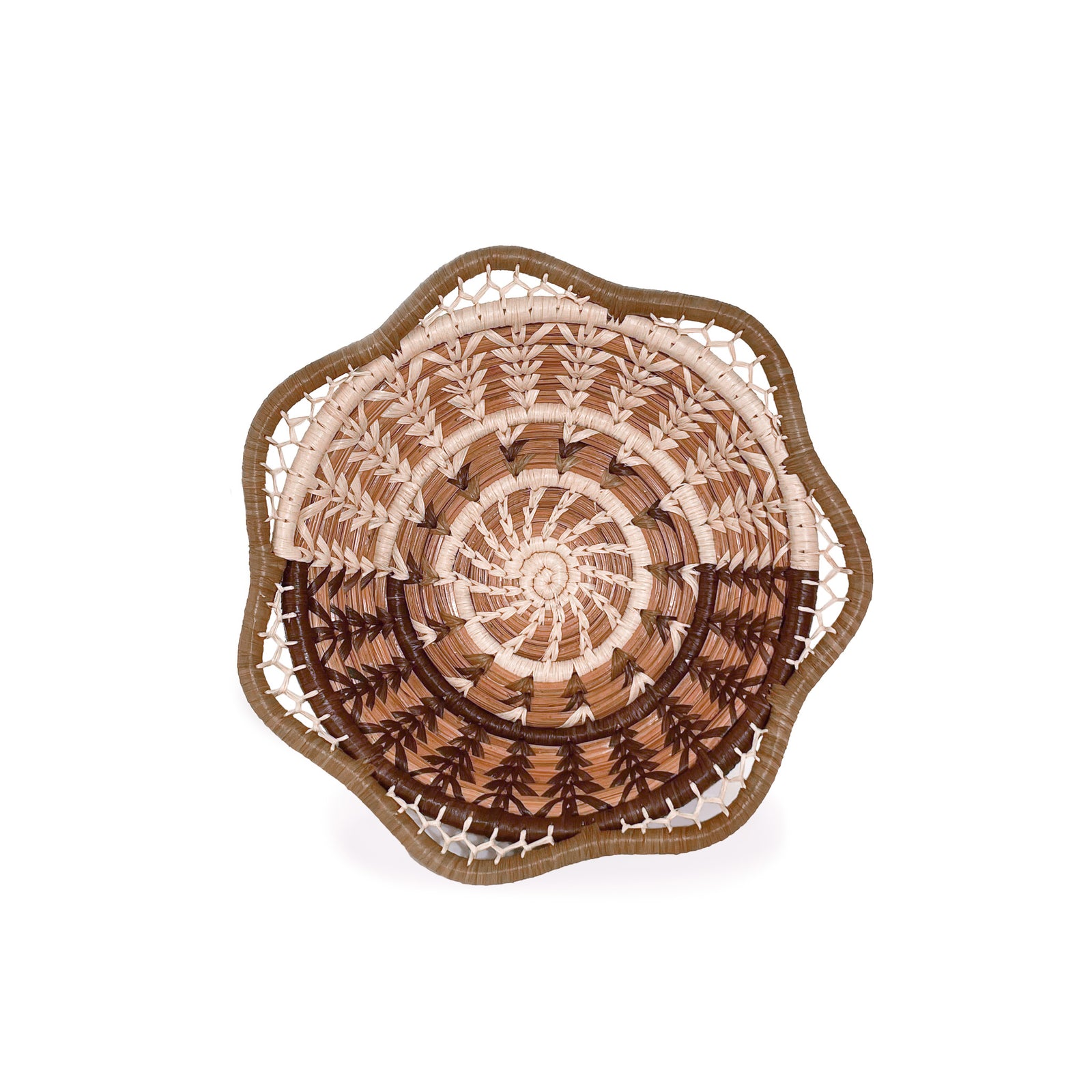 Front facing view of Coco Basket, with tan scalloped rim, mesh detail, and raffia stitching in natural and coco brown.