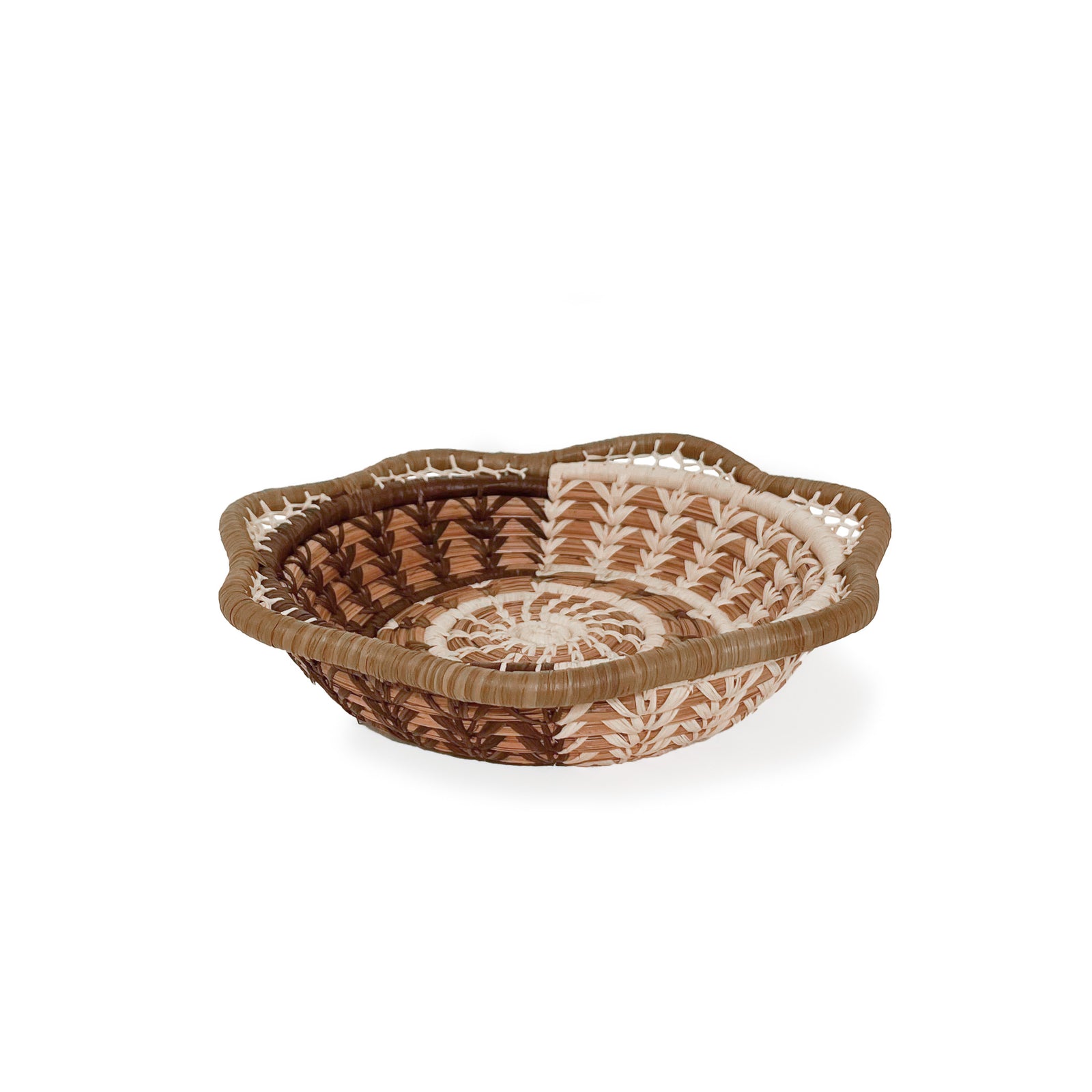 Front facing view of Coco Basket, with tan scalloped rim, mesh detail, and raffia stitching in natural and coco brown.