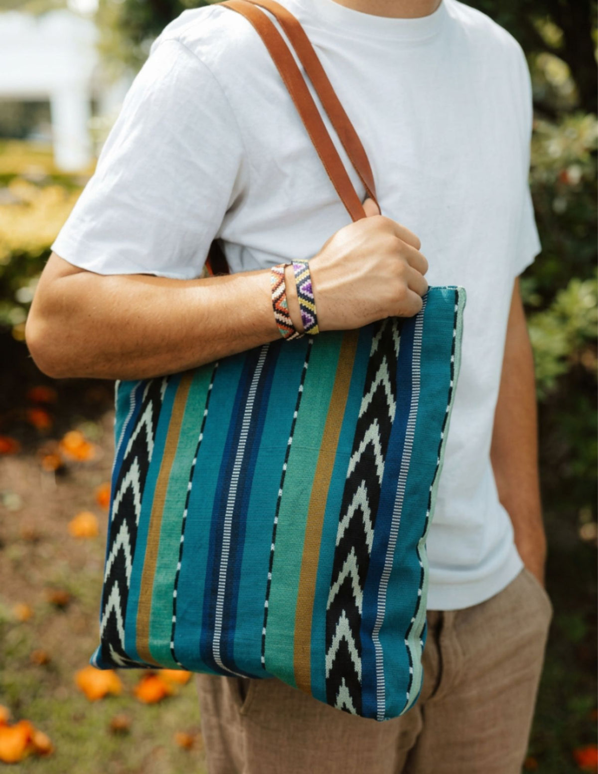 Closeup of man wearing Matea tote bag green while standing outside