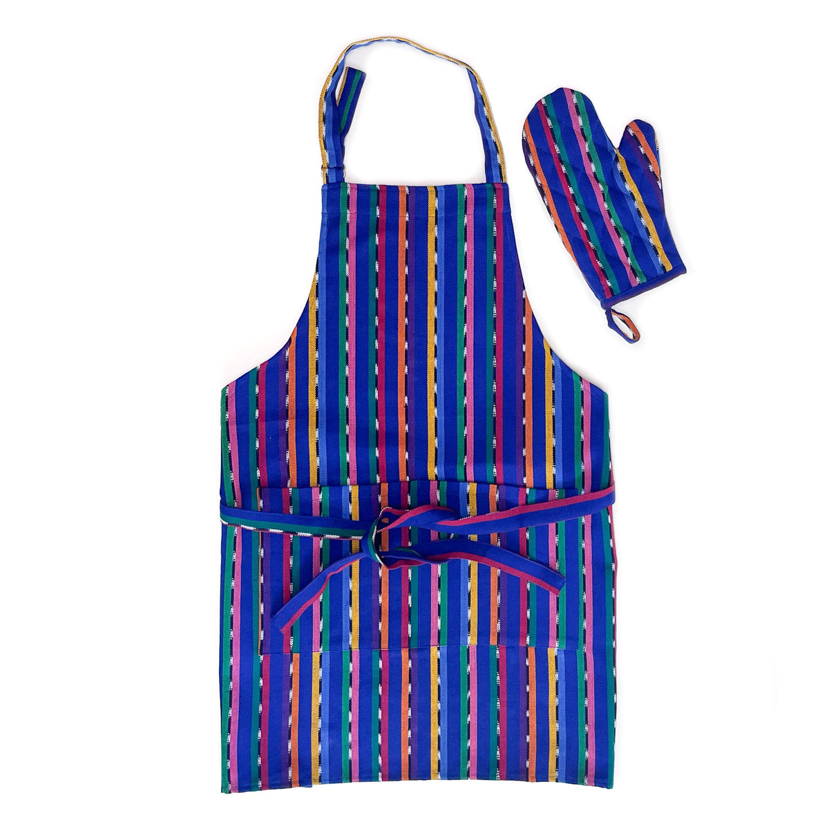 Flat lay image of an apron and matching oven mitt in colorful blue handwoven Guatemalan fabric with multicolored stripes. The apron is tied in front and has adjustable straps.